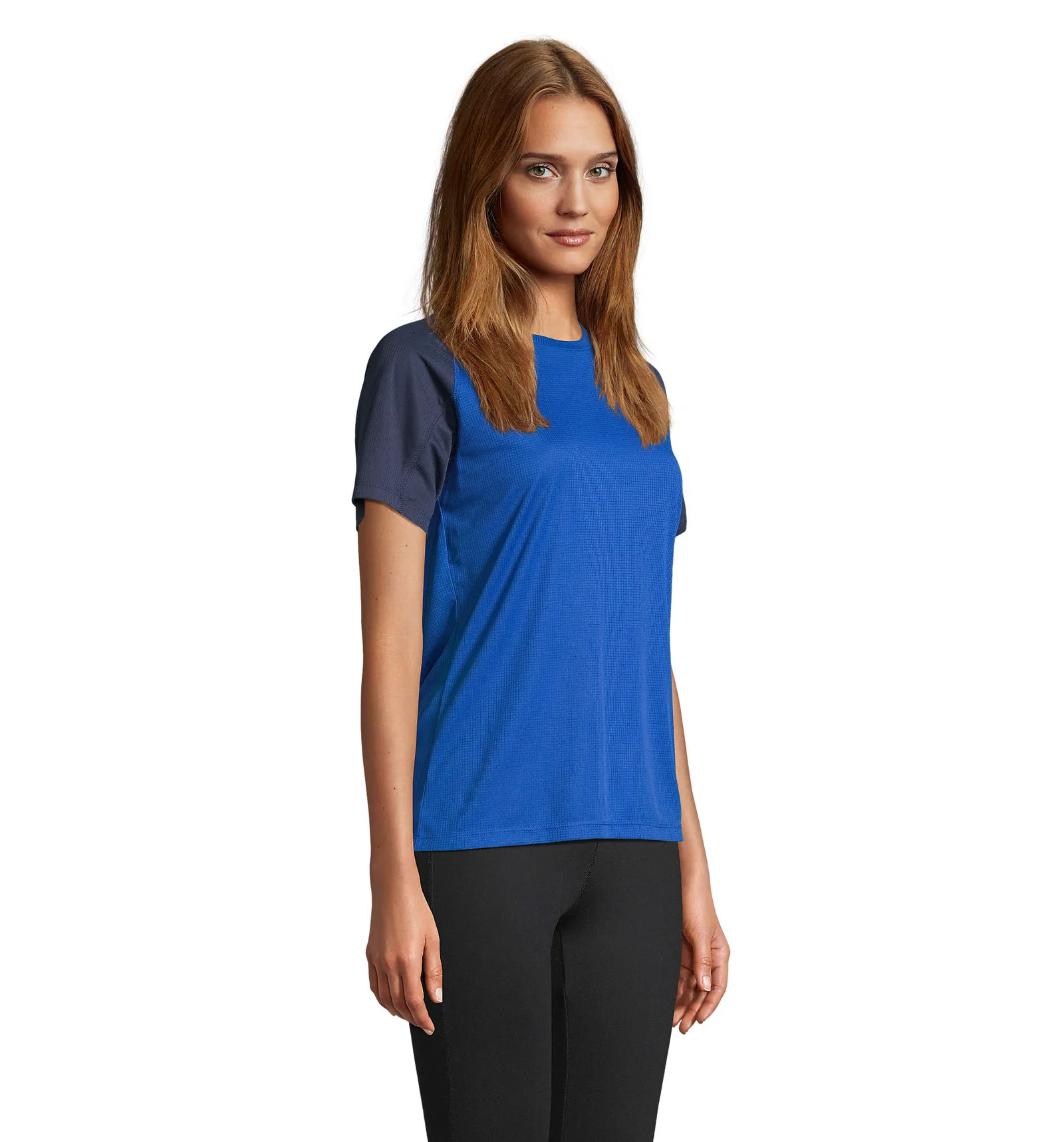 T-shirt tecnica SOL'S Vortex Women, French navy/royal blue, su modello, lato