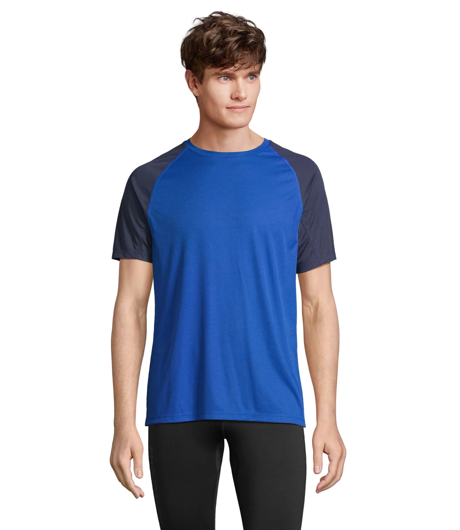 T-shirt tecnica SOL'S Vortex, French navy/royal blue, su modello, fronte