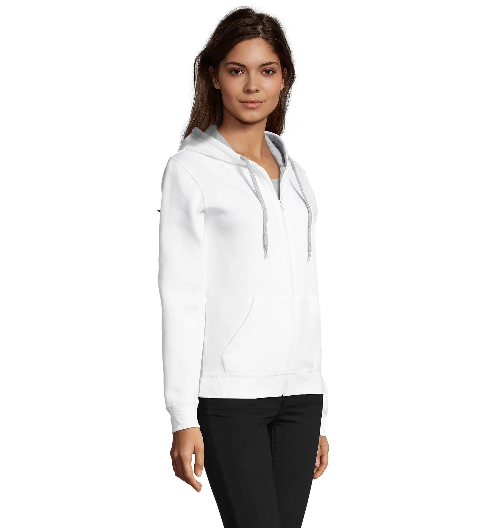 Felpa con zip e cappuccio SOL'S Soul Women, White, su modello, lato