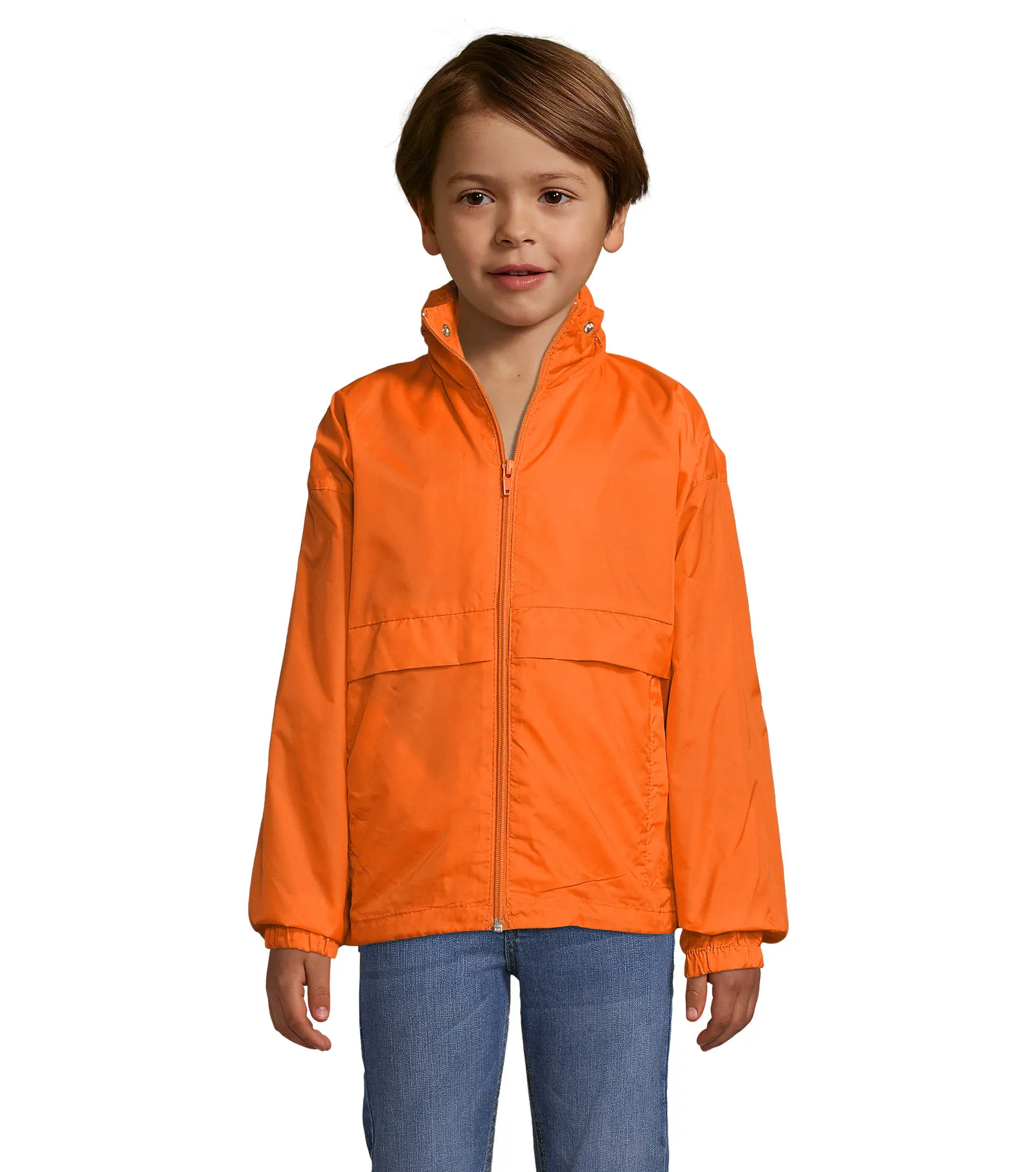 Giacca antivento SOL'S Surf Kids, Orange, su modello, fronte