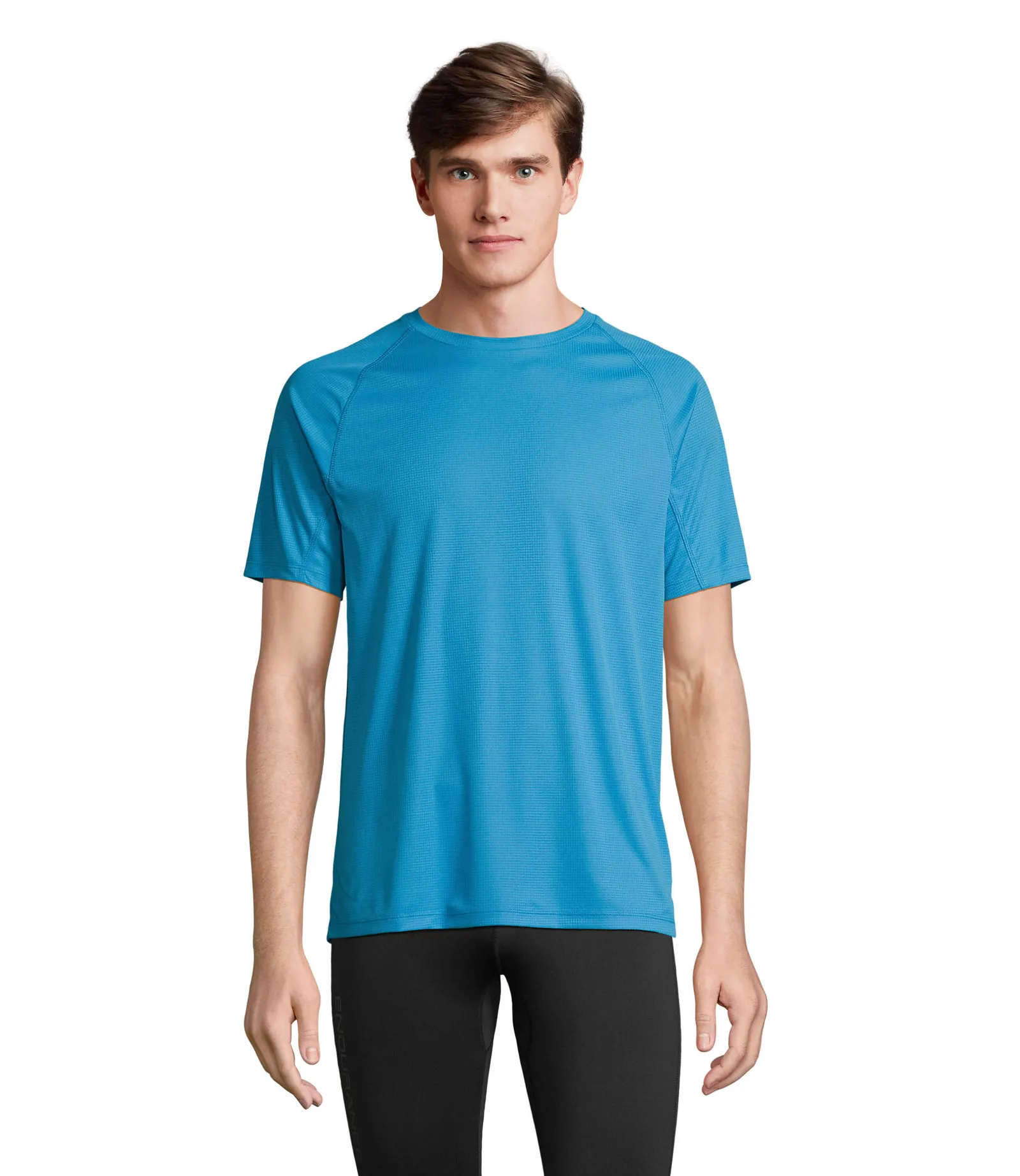 T-shirt tecnica SOL'S Vortex, Aqua, su modello, fronte