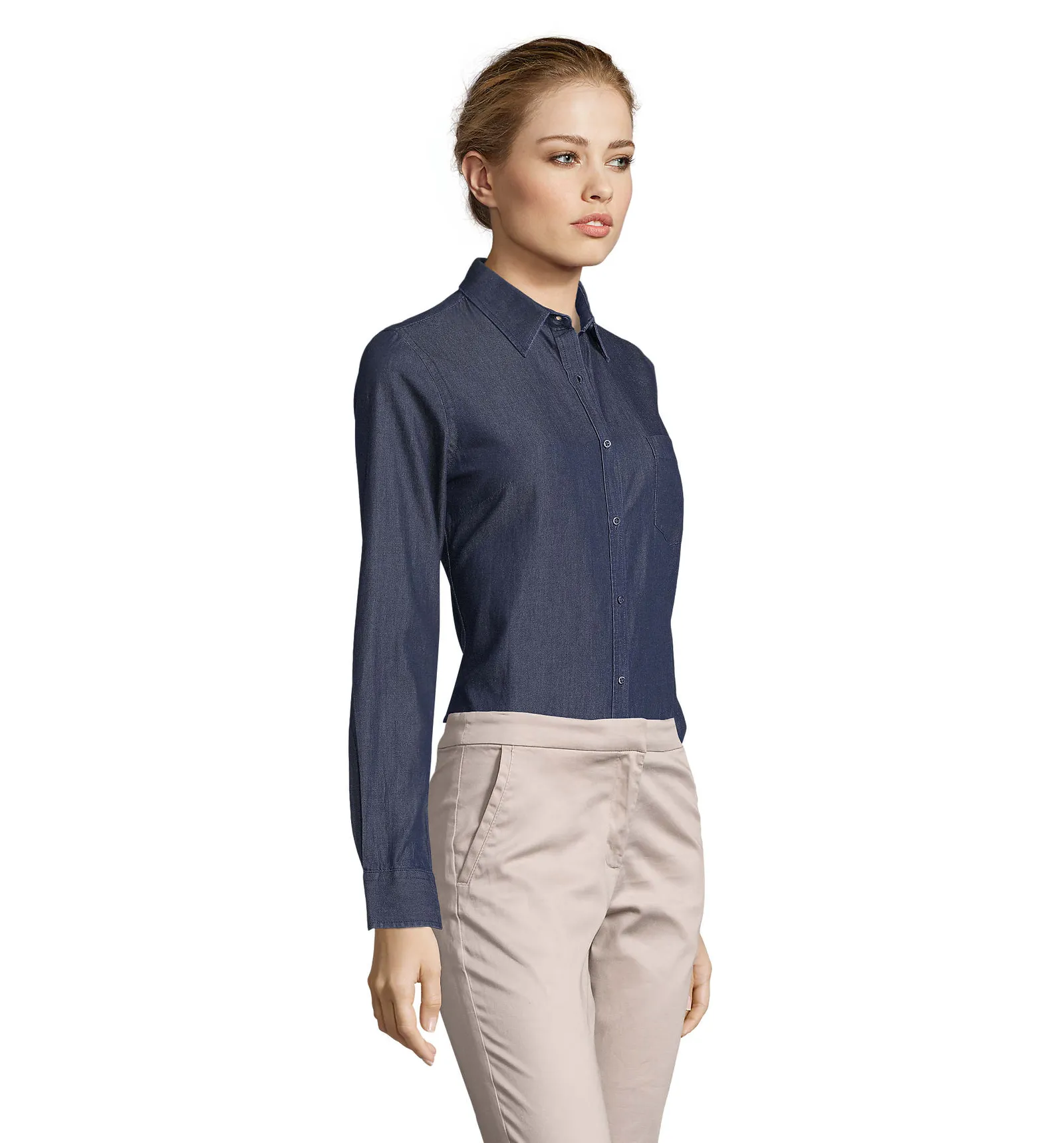 Camicia manica lunga SOL'S Barry Women, Raw denim, su modello, lato