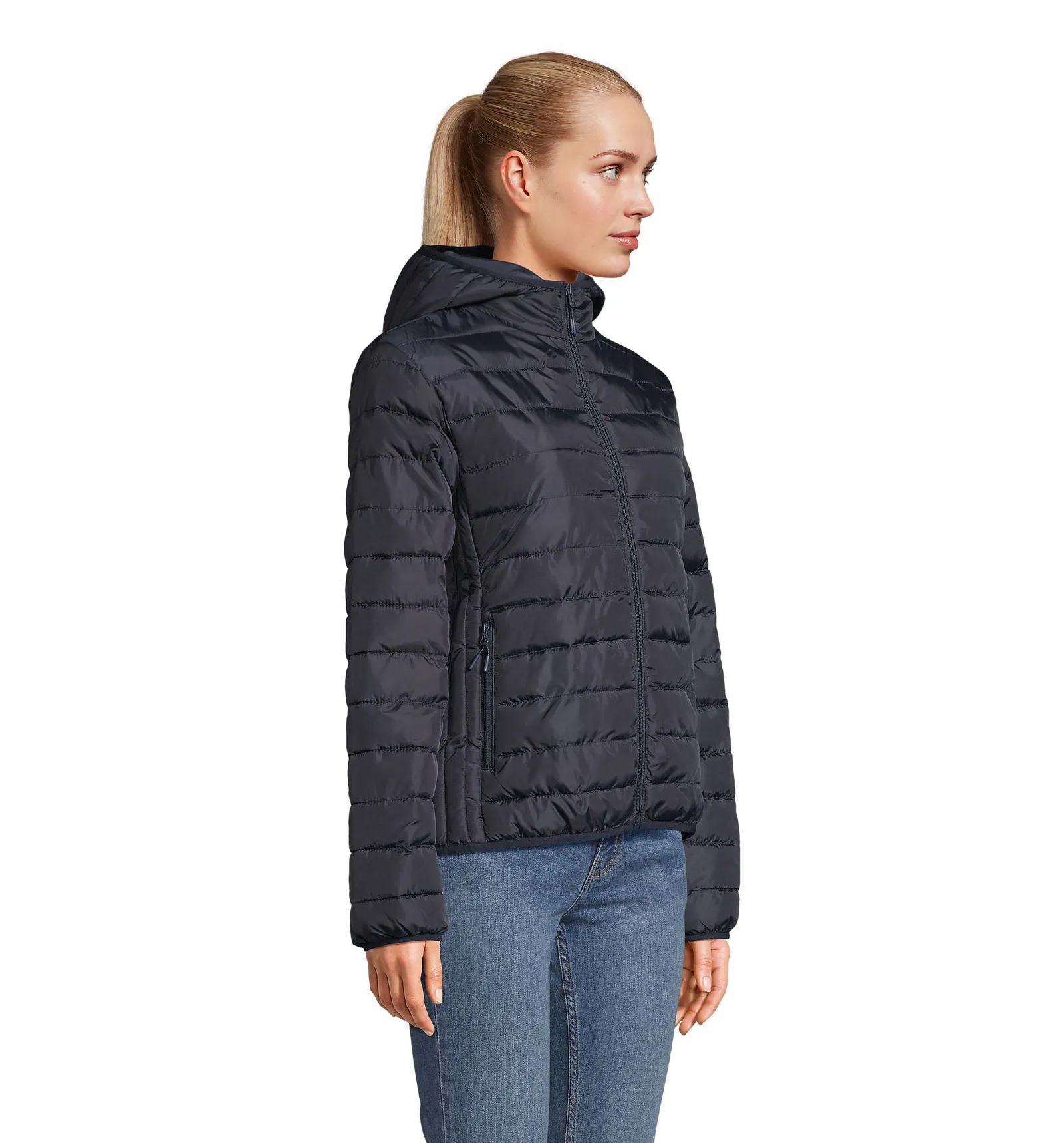 Giubbotto SOL'S Stream Hooded Women, French navy, su modello, lato