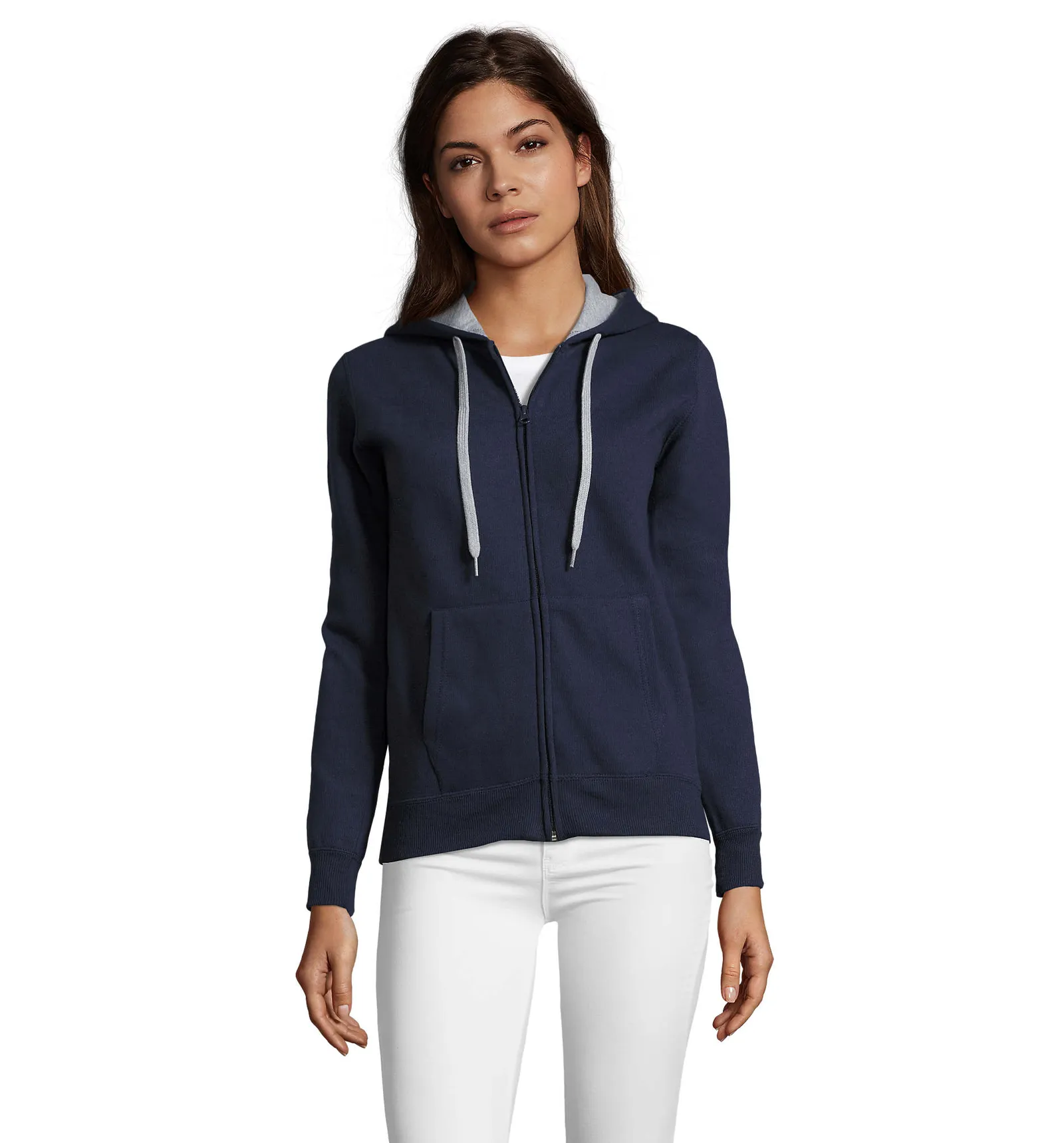 Felpa con zip e cappuccio SOL'S Soul Women, French navy, su modello, fronte