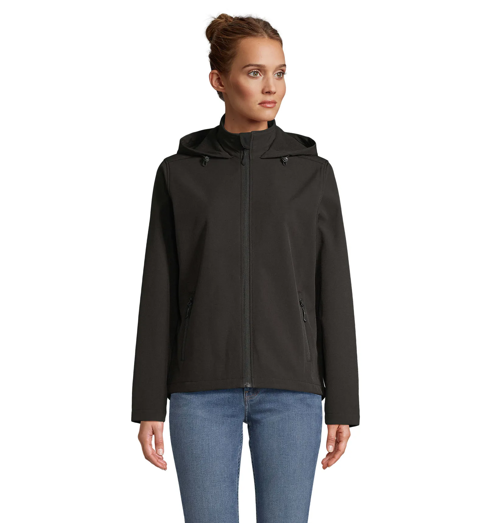 Softshell SOL'S Race Hooded Women, Black, su modello, fronte
