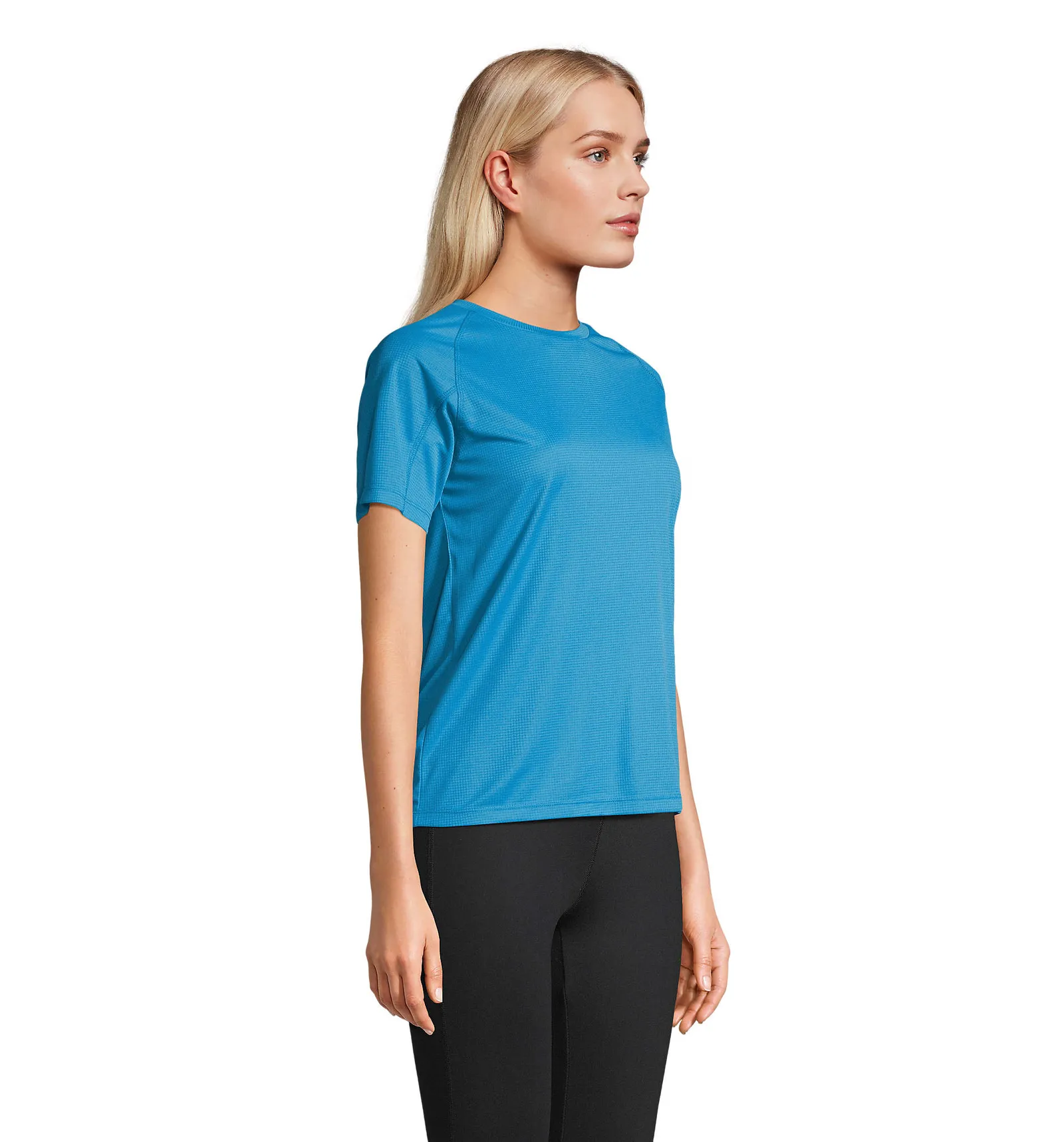 T-shirt tecnica SOL'S Vortex Women, Aqua, su modello, lato
