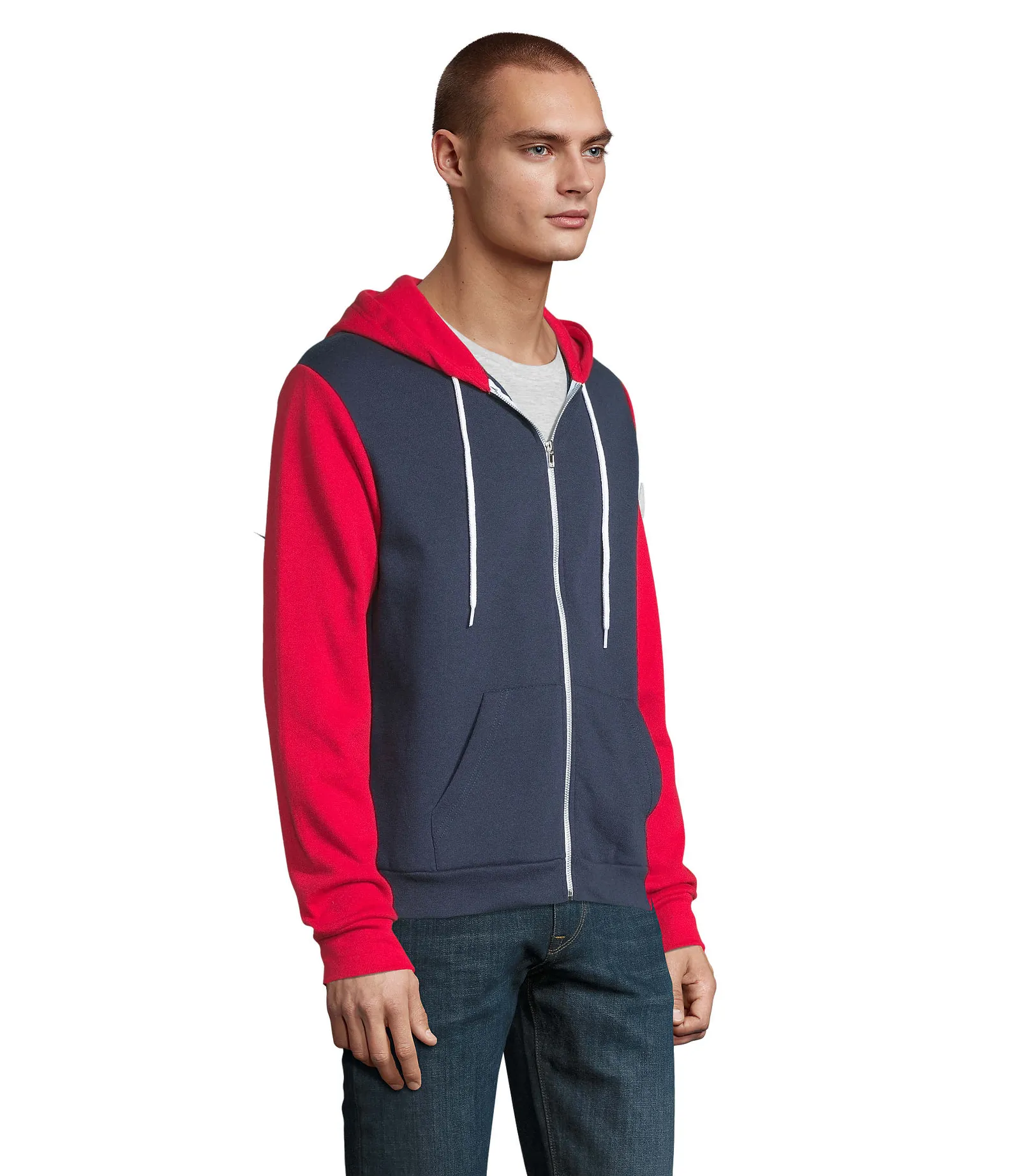 Felpa con cappuccio SOL'S Silver, French navy/red, su modello, lato