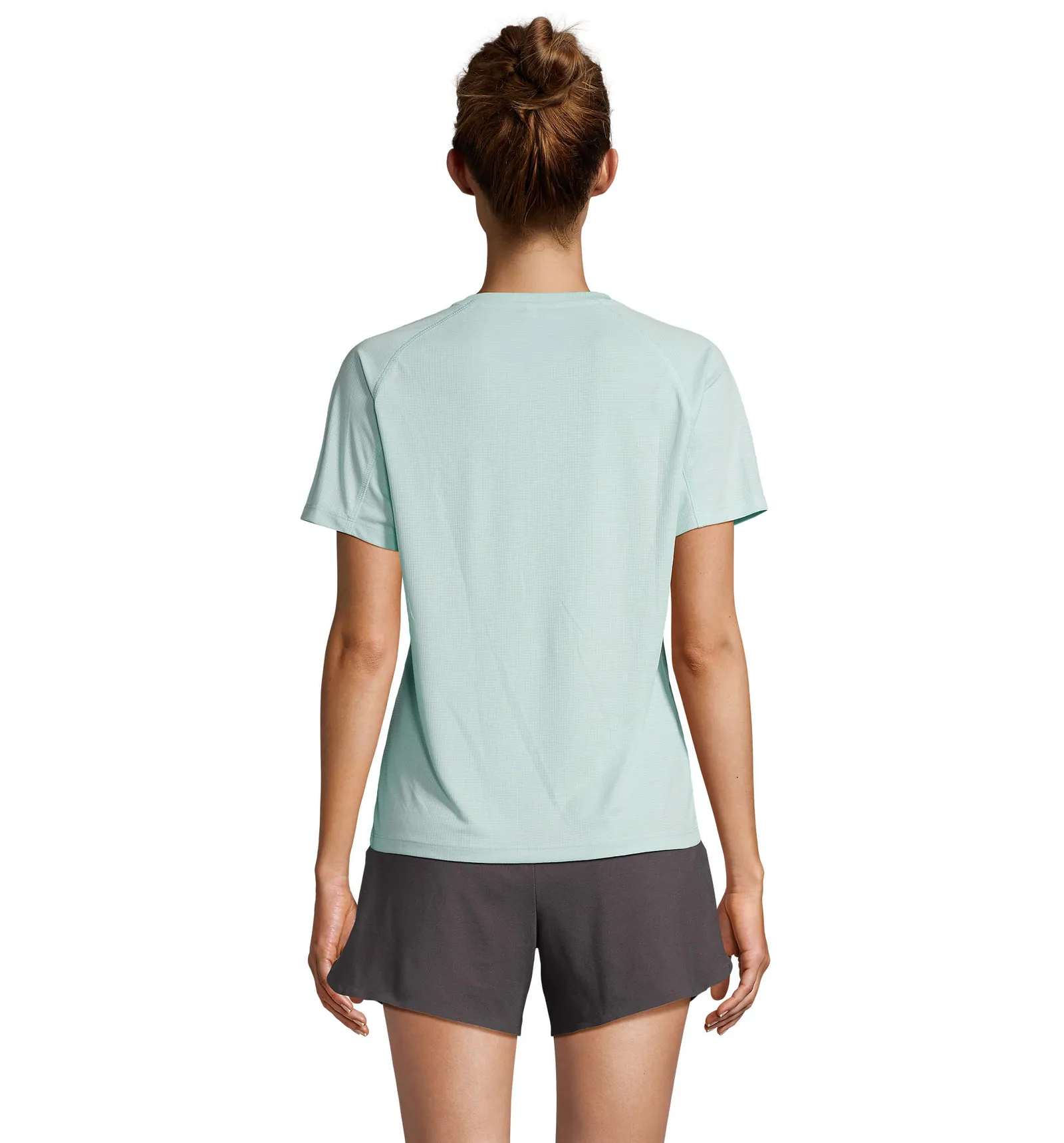 T-shirt tecnica SOL'S Vortex Women, Arctic blue, su modello, retro
