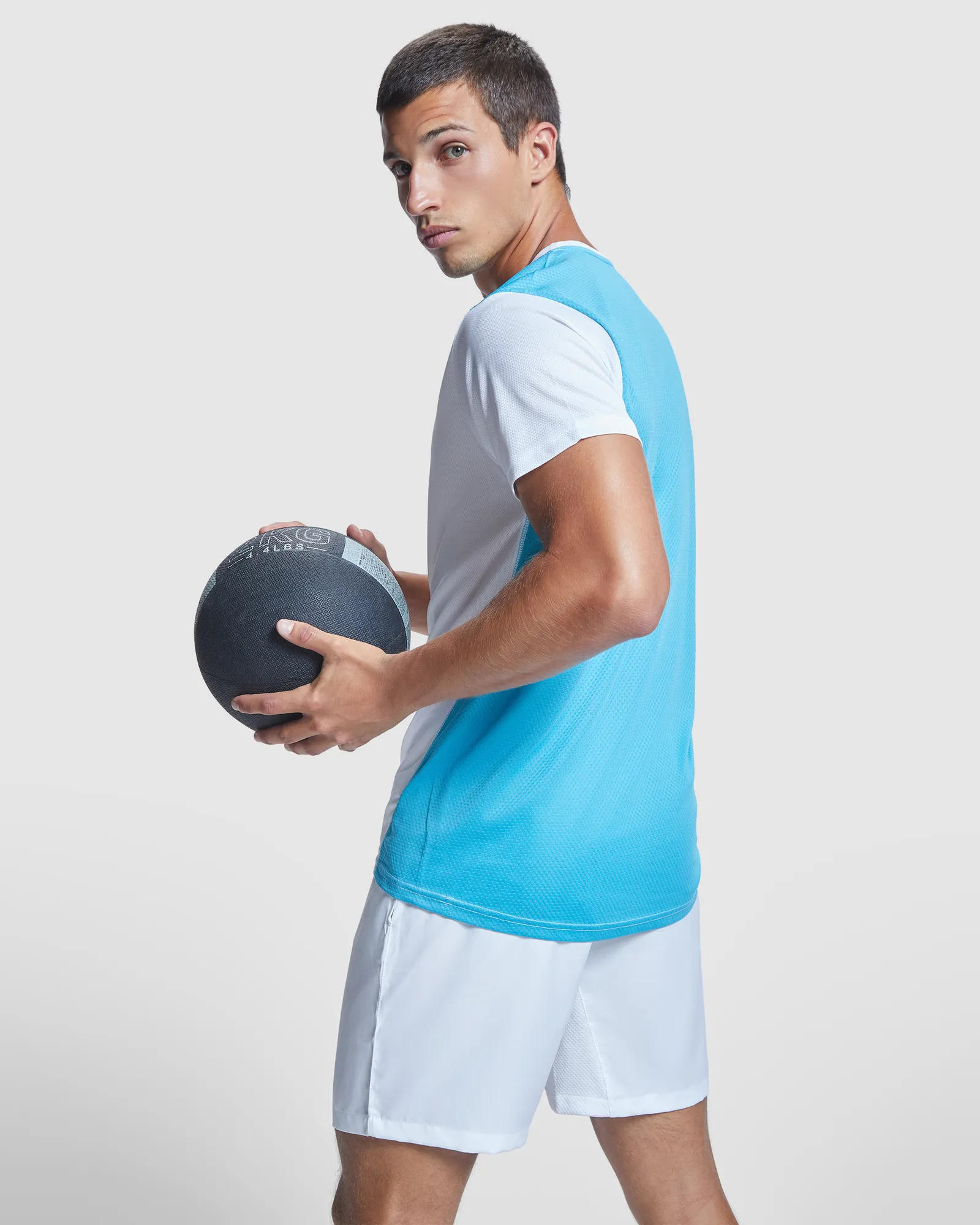 T-shirt tecnica Roly Detroit, Bianco/Turchese, dettaglio 2