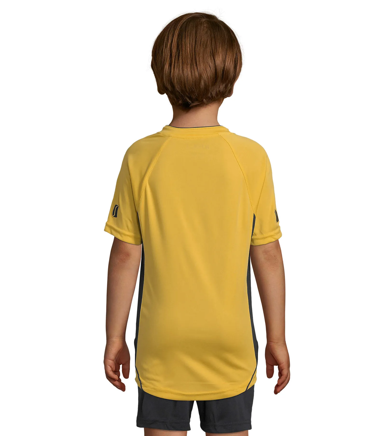 T-shirt tecnica SOL'S Maracana 2 Kids Ssl, Lemon/black, su modello, retro