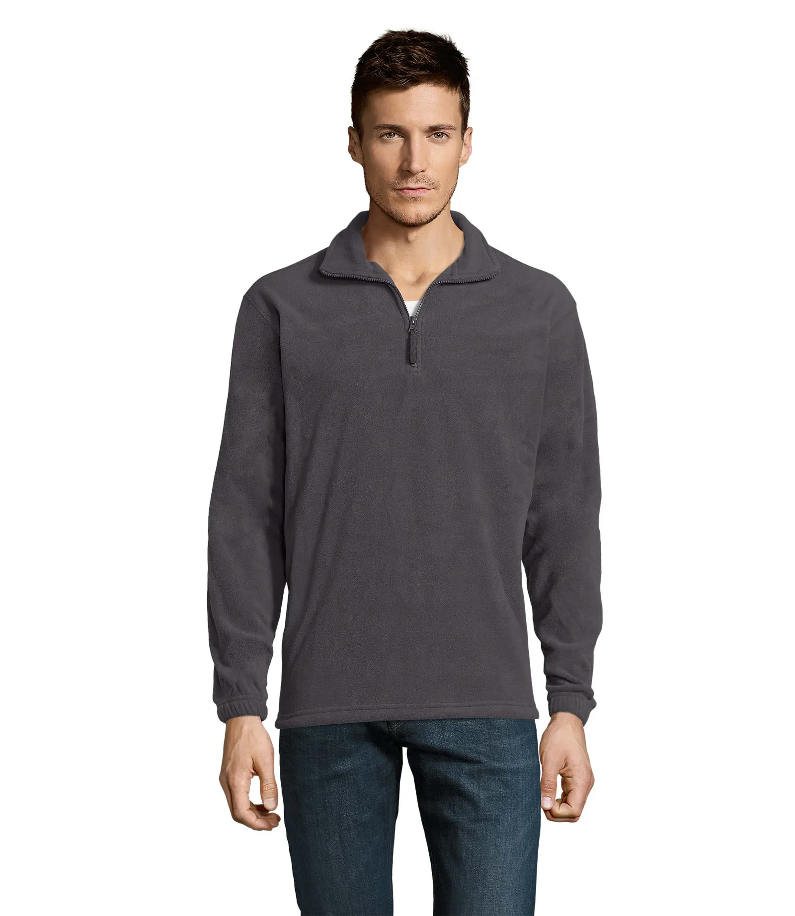 Felpa con zip SOL'S Ness, Charcoal grey, su modello, fronte