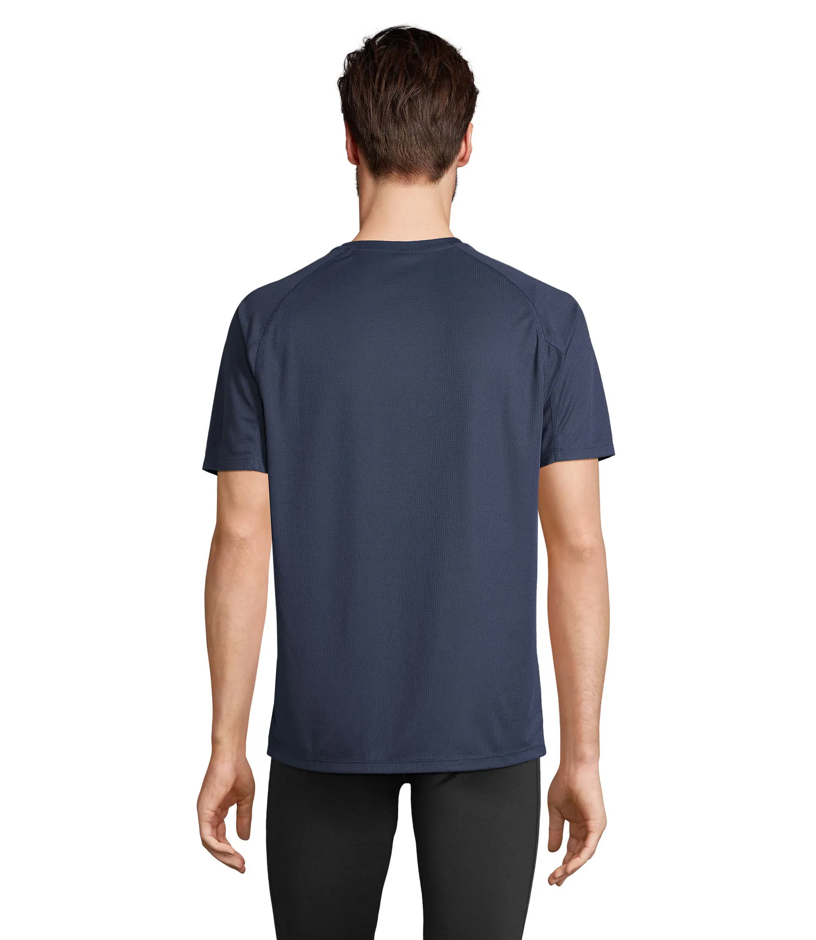 T-shirt tecnica SOL'S Vortex, French navy, su modello, retro