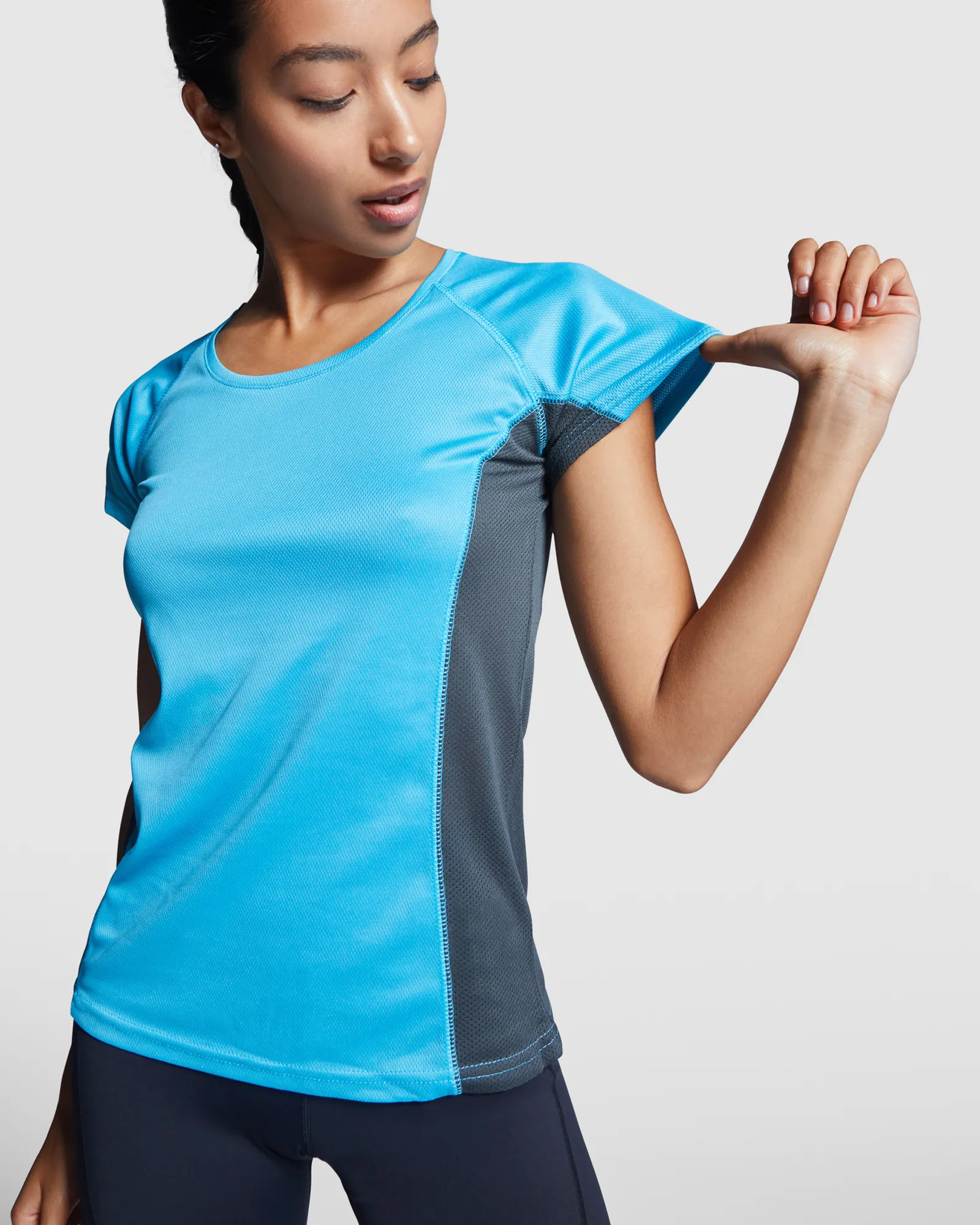 T-shirt tecnica Roly Shanghai Woman, Turchese/Piombo Scuro, dettaglio
