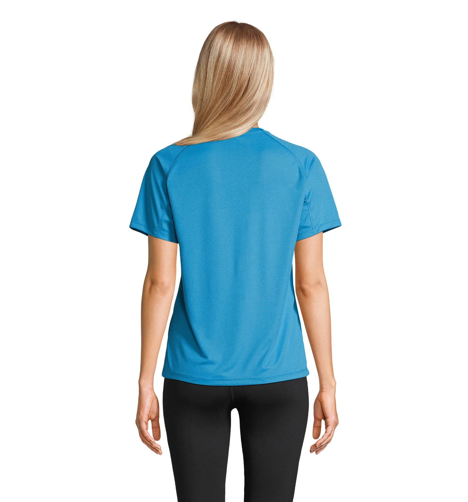 T-shirt tecnica SOL'S Vortex Women, Aqua, su modello, retro