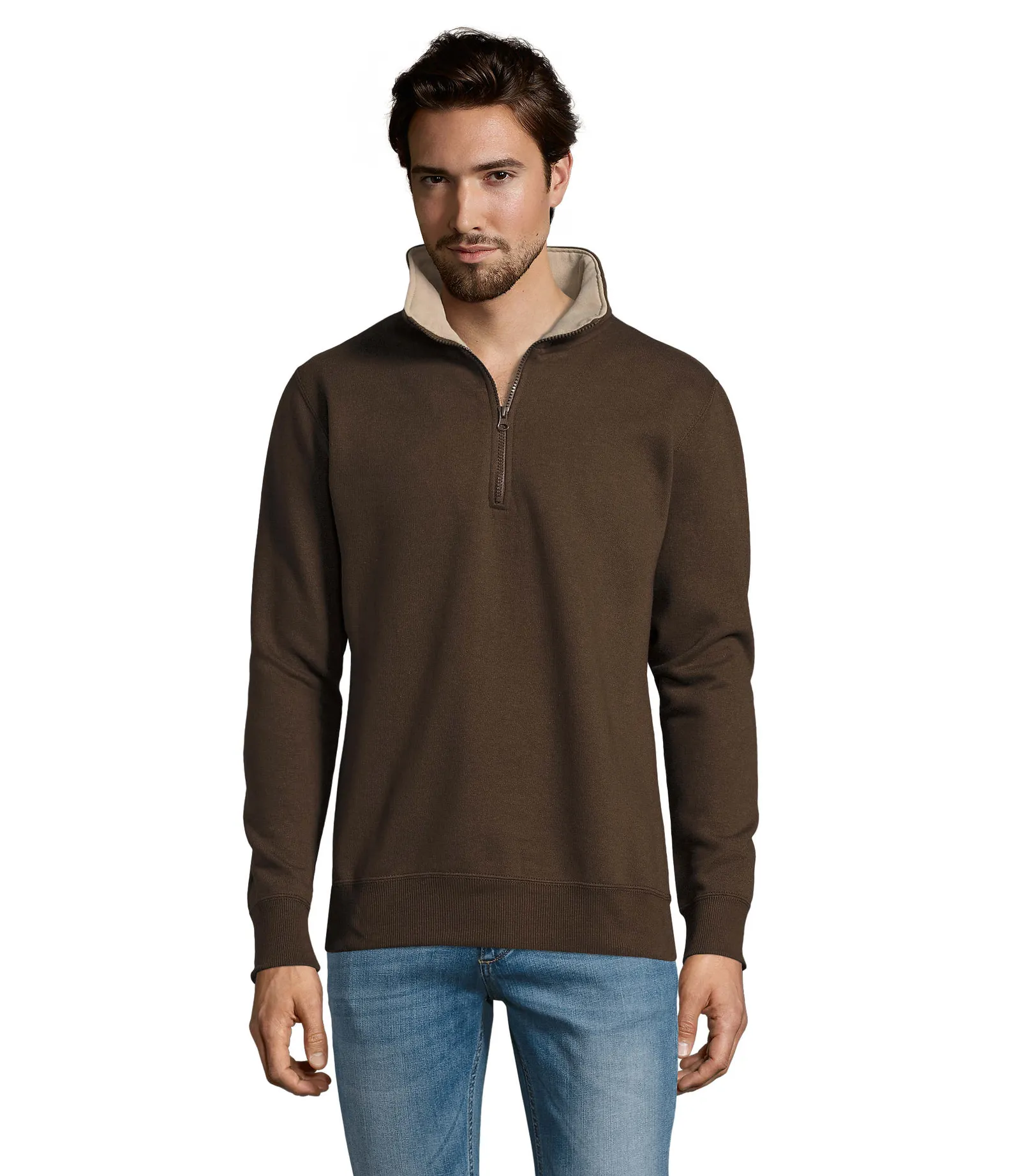 Felpa con zip SOL'S Scott, Chocolate, su modello, fronte
