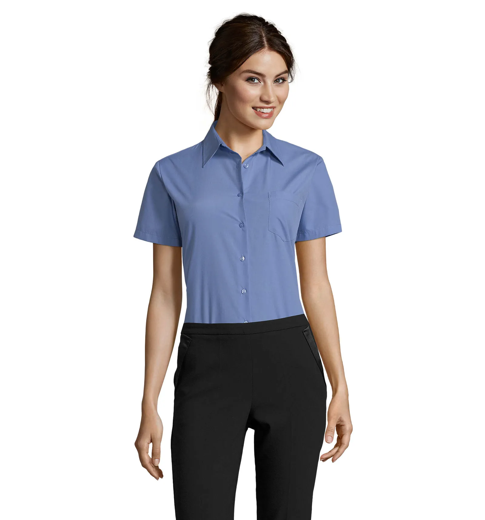 Camicia manica corta SOL'S Escape, Medium blue, su modello, fronte