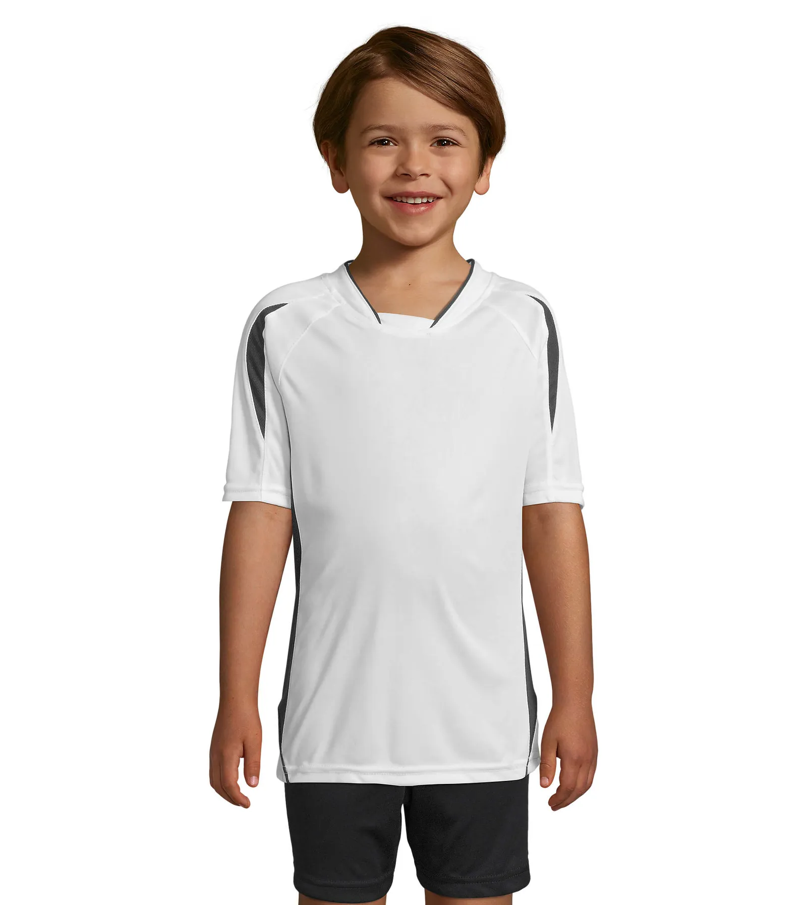 T-shirt tecnica SOL'S Maracana 2 Kids Ssl, White/black, su modello, fronte