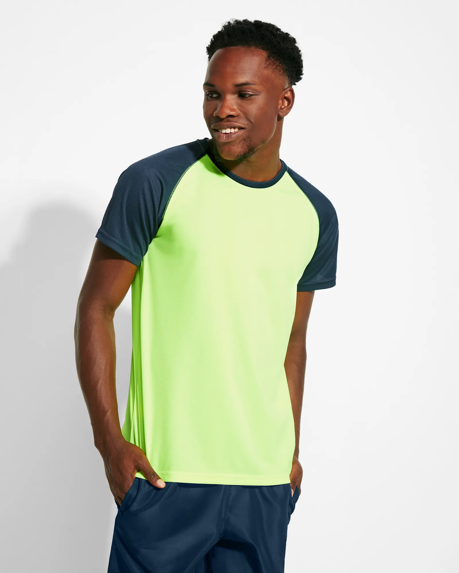 T-shirt tecnica Roly Indianapolis, Giallo Fluo/Blu Navy, foto 2
