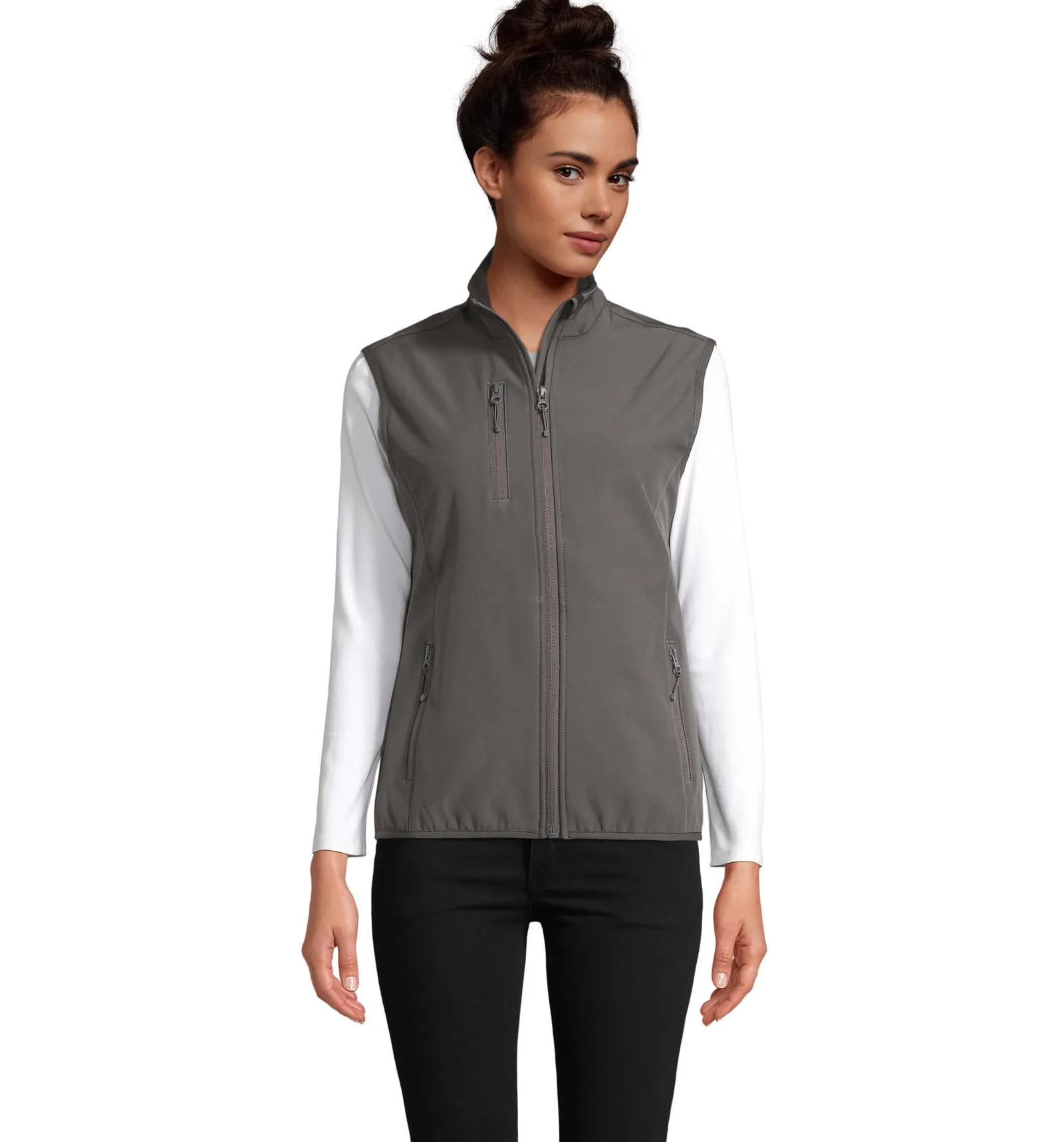 Gilet SOL'S Falcon BW Women, Charcoal grey, su modello, fronte