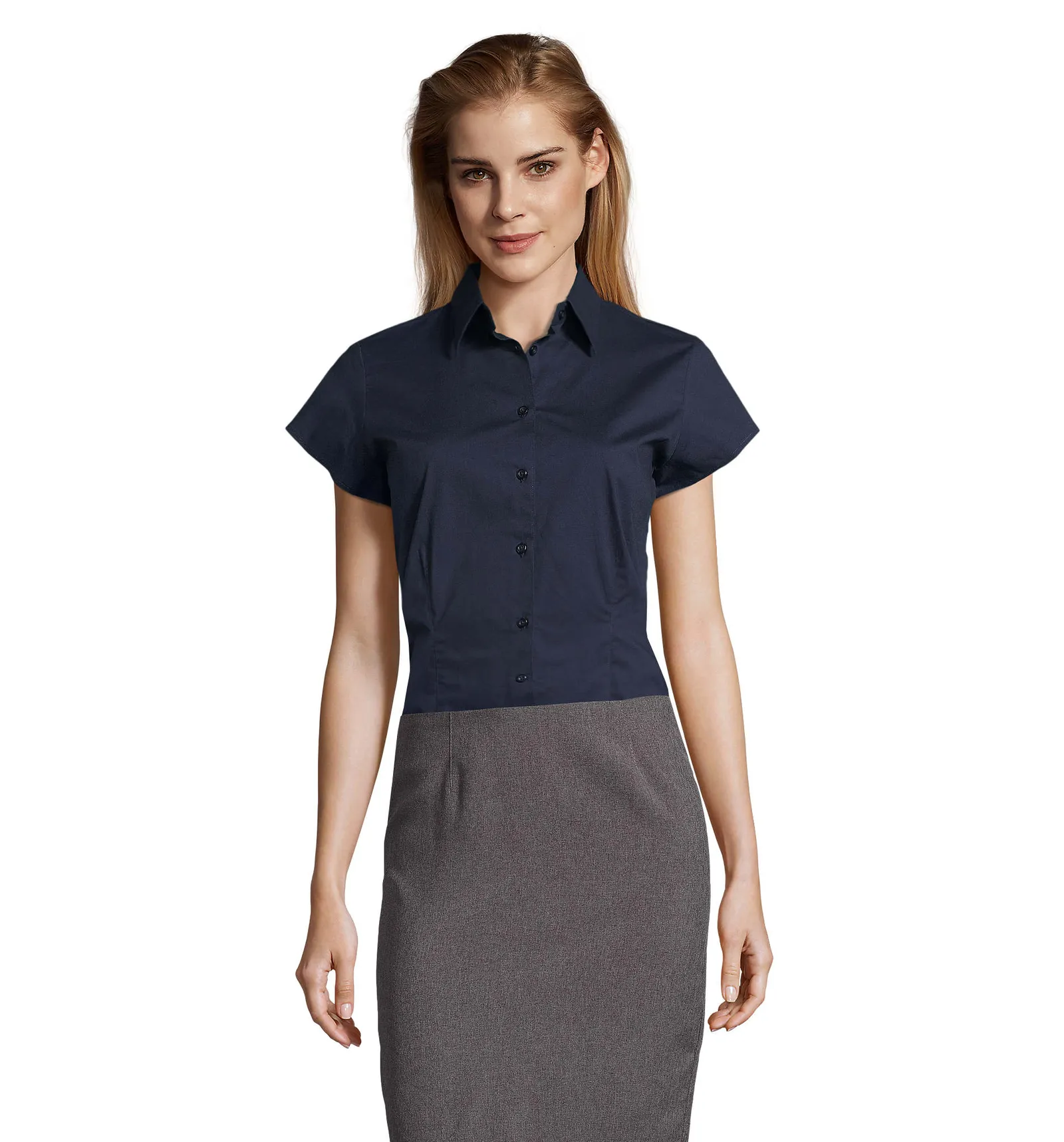 Camicia manica corta SOL'S Excess, Dark blue, su modello, fronte