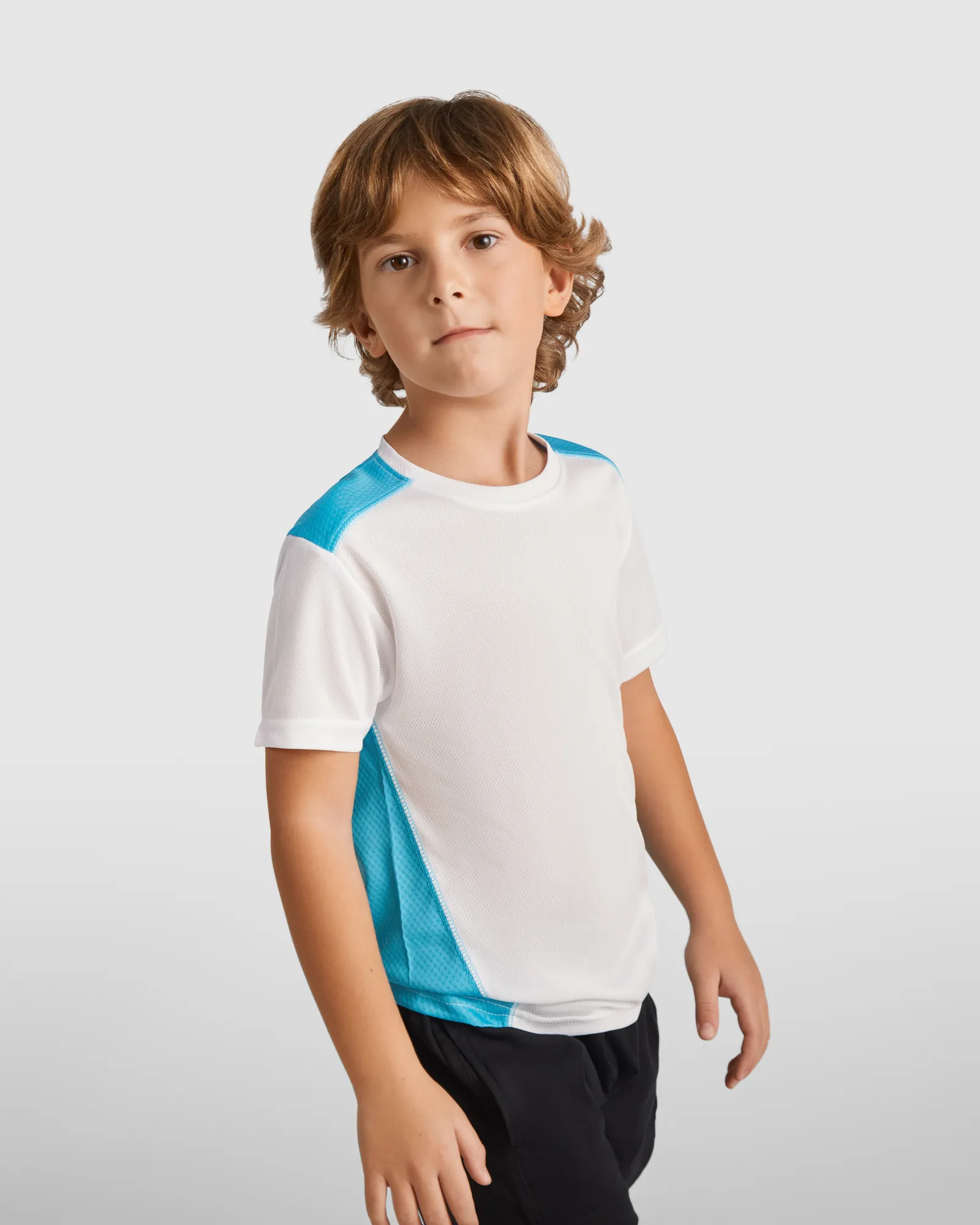 T-shirt tecnica Roly Detroit, Bianco/Turchese, dettaglio