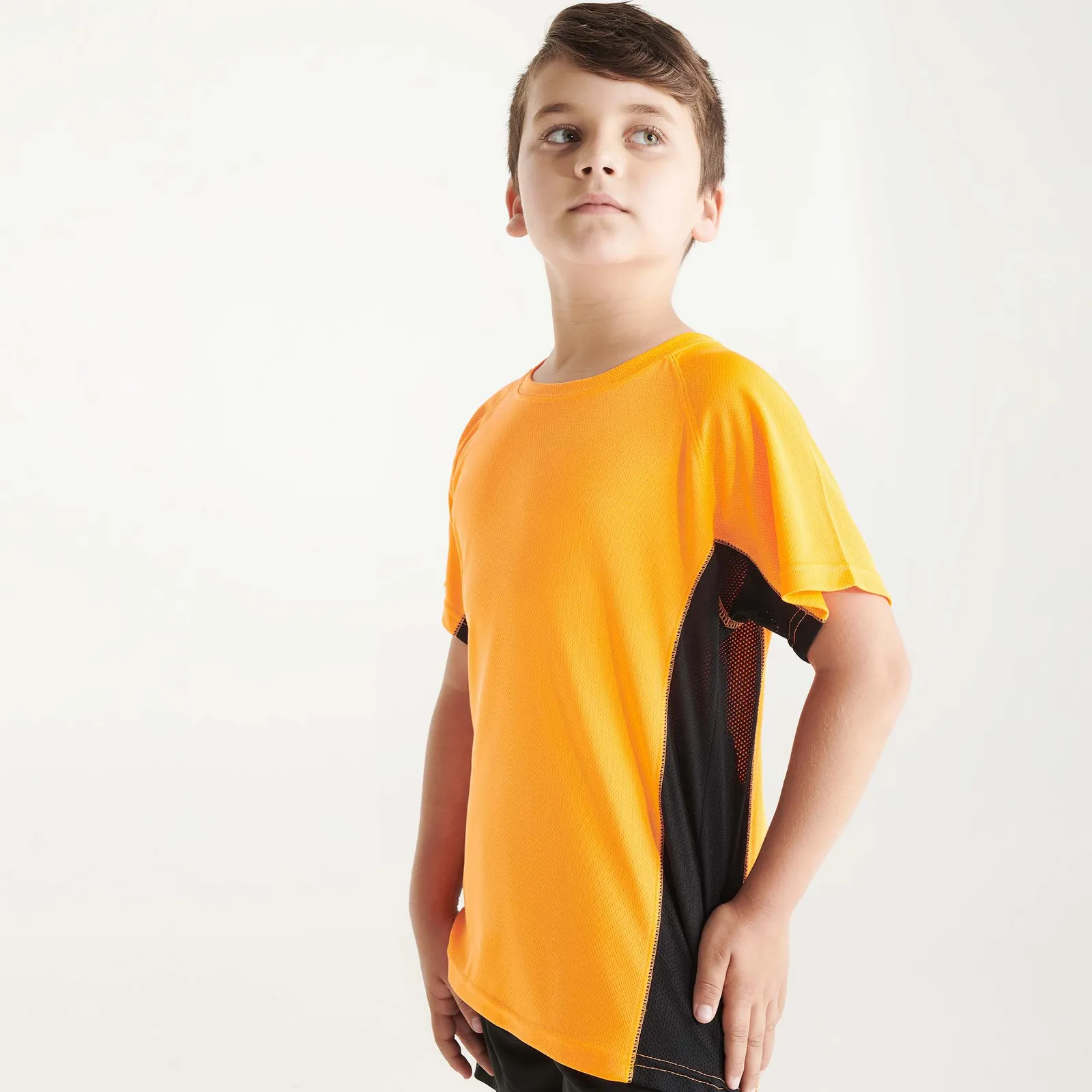 T-shirt tecnica Roly Shanghai, Arancione Fluoro/Nero