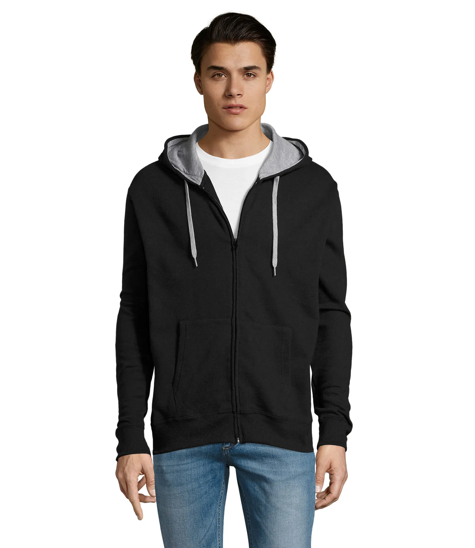 Felpa con zip e cappuccio SOL'S Soul Men, Black, su modello, fronte