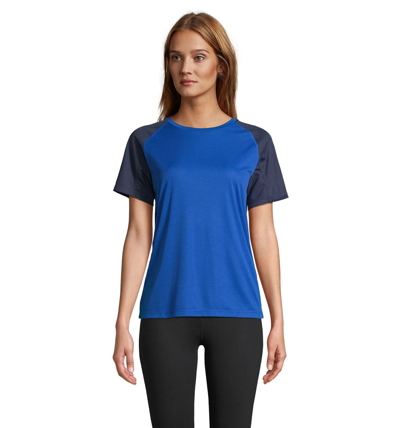 T-shirt tecnica SOL'S Vortex Women, French navy/royal blue, su modello, fronte