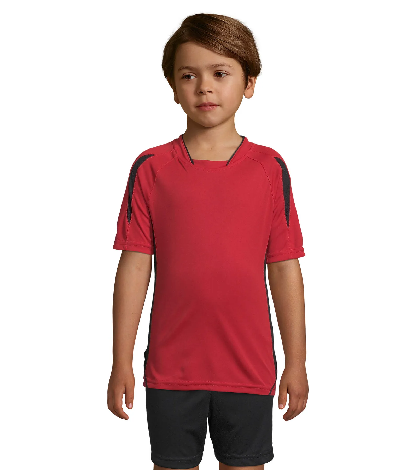 T-shirt tecnica SOL'S Maracana 2 Kids Ssl, Red/black, su modello, fronte