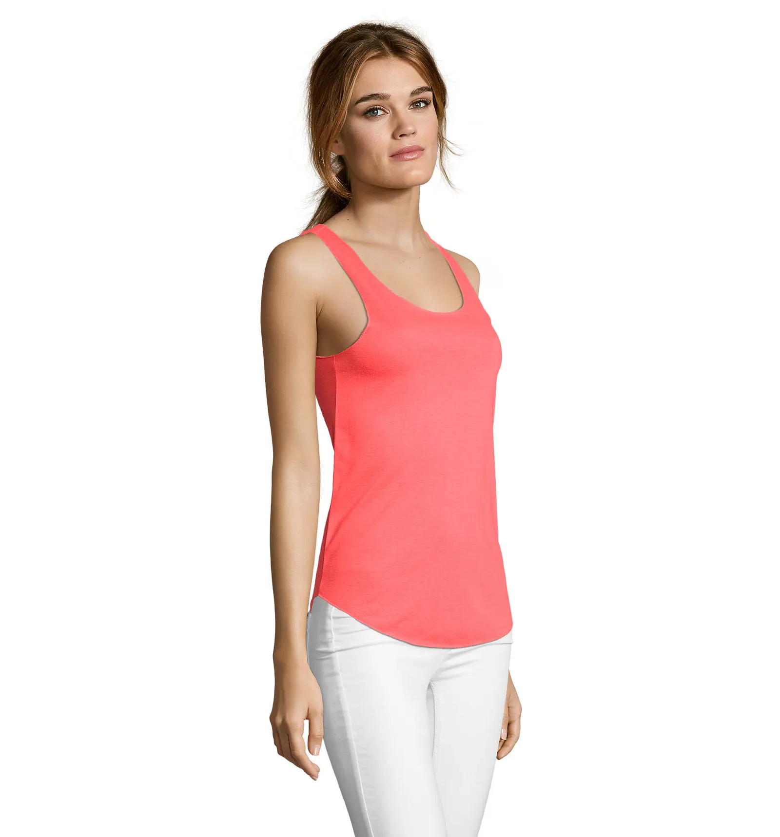 Canotta SOL'S Jade, Neon coral, su modello, lato