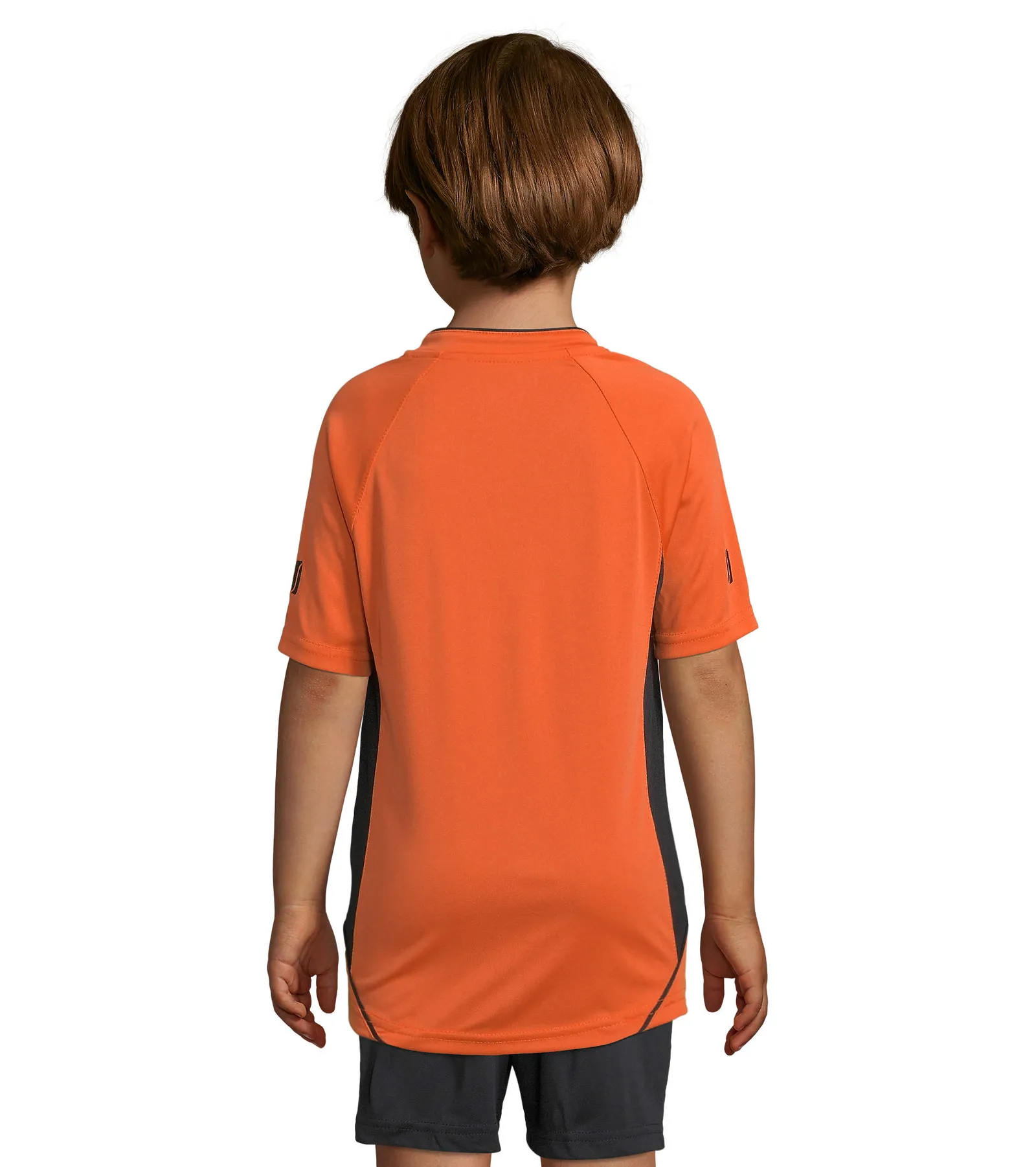 T-shirt tecnica SOL'S Maracana 2 Kids Ssl, Orange/black, su modello, retro