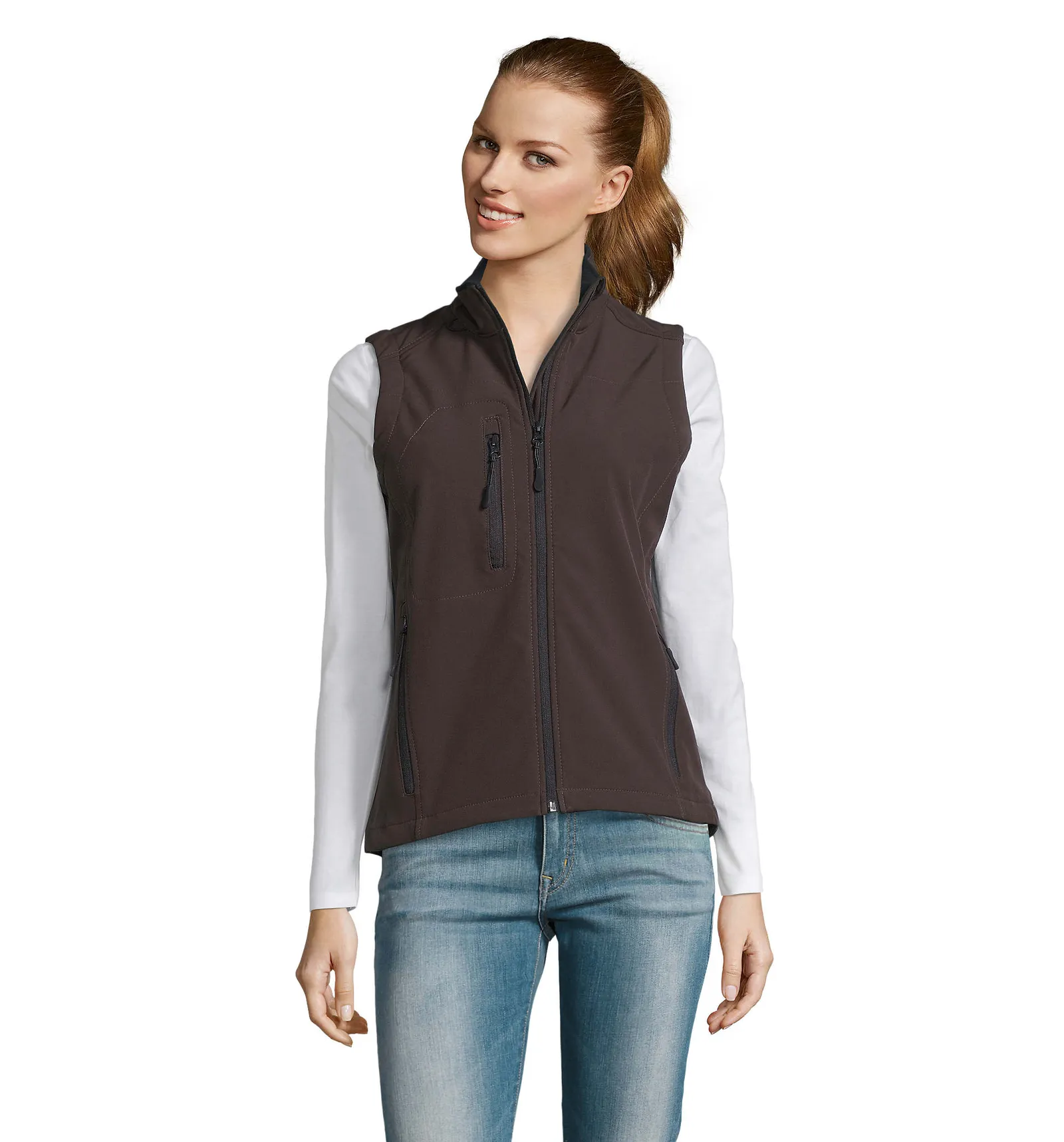 Gilet SOL'S Rallye Women, Dark chocolate, su modello, fronte
