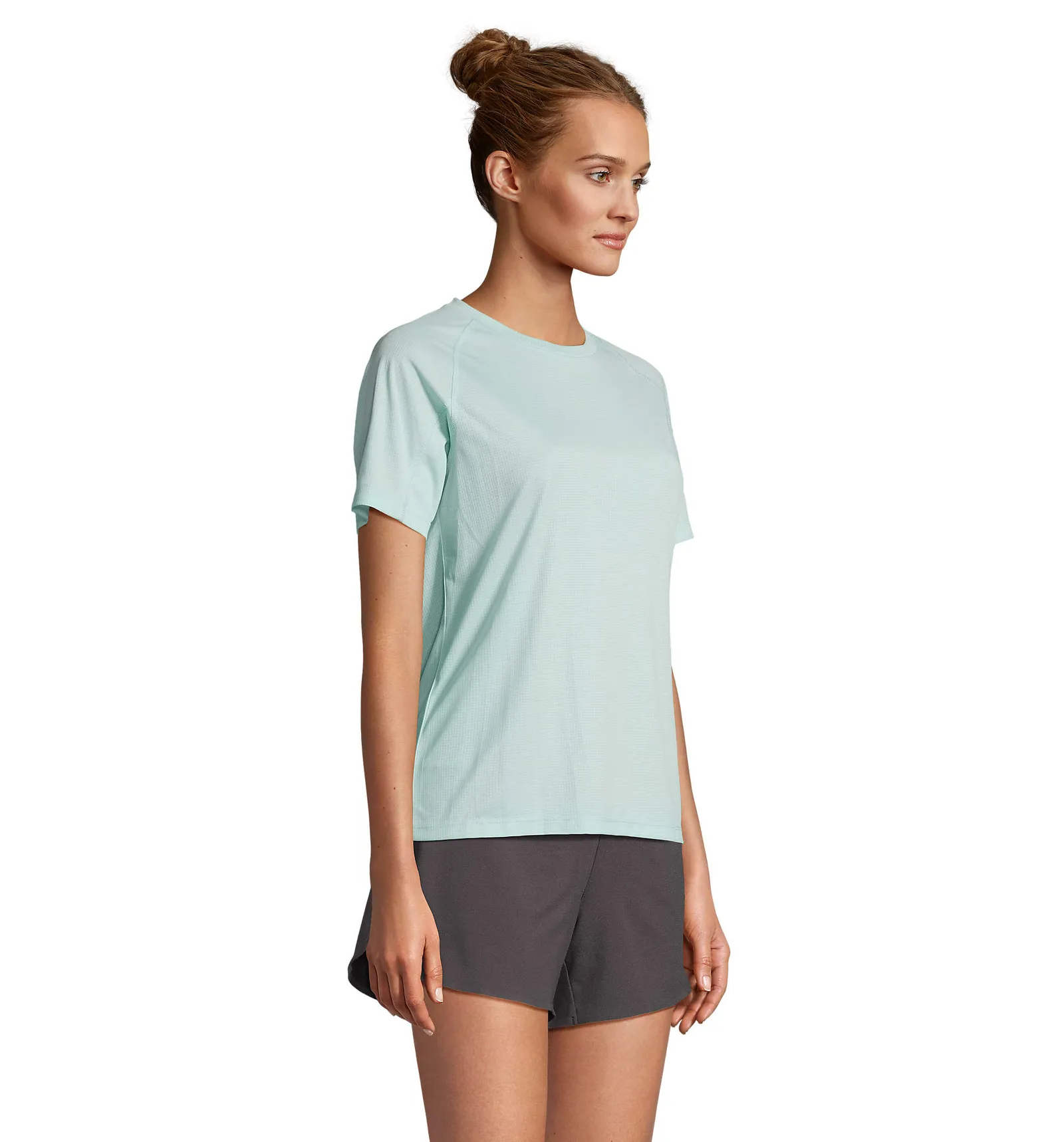 T-shirt tecnica SOL'S Vortex Women, Arctic blue, su modello, lato
