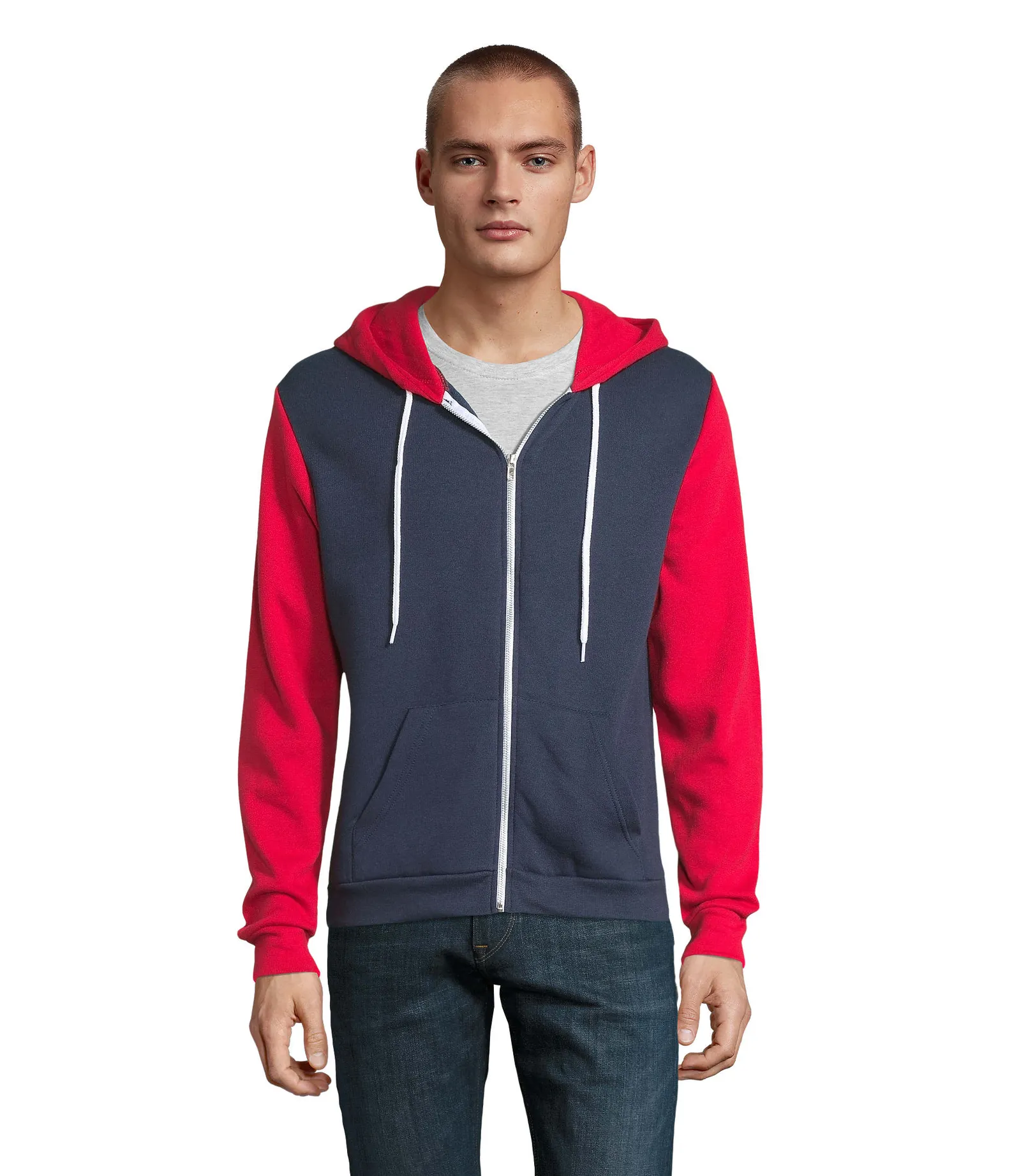 Felpa con cappuccio SOL'S Silver, French navy/red, su modello, fronte