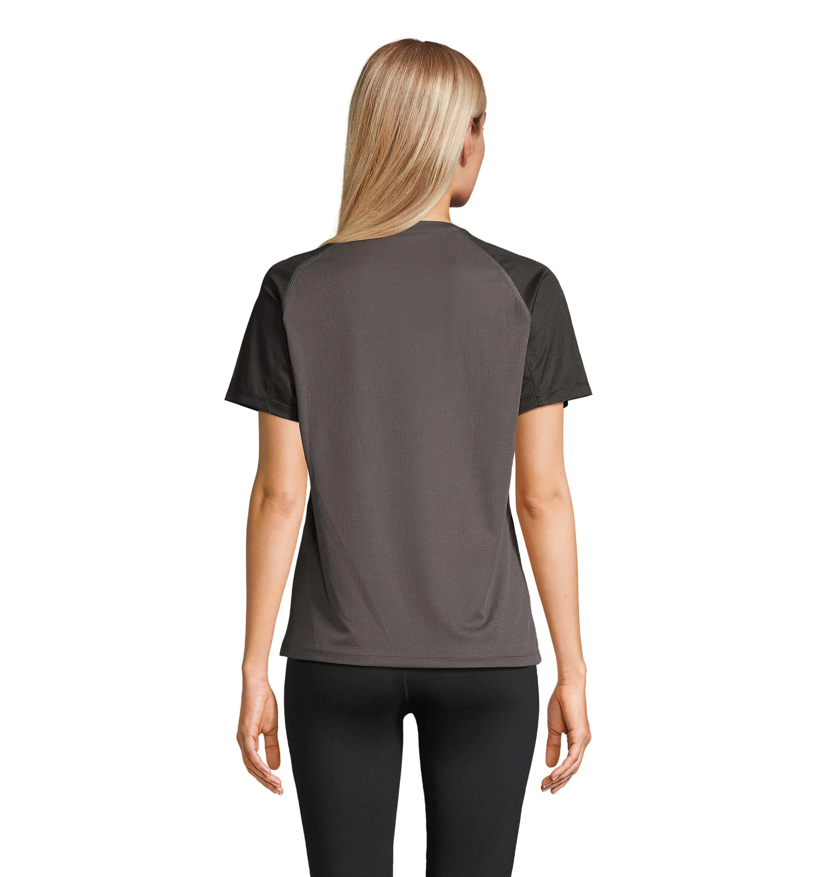 T-shirt tecnica SOL'S Vortex Women, Black/antrachite, su modello, retro