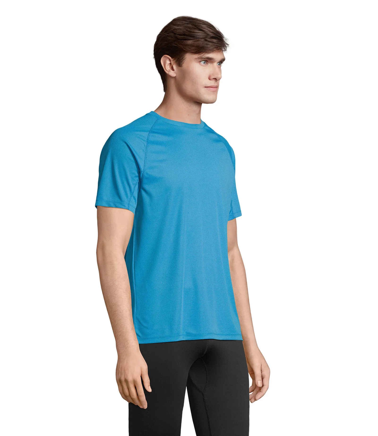 T-shirt tecnica SOL'S Vortex, Aqua, su modello, lato