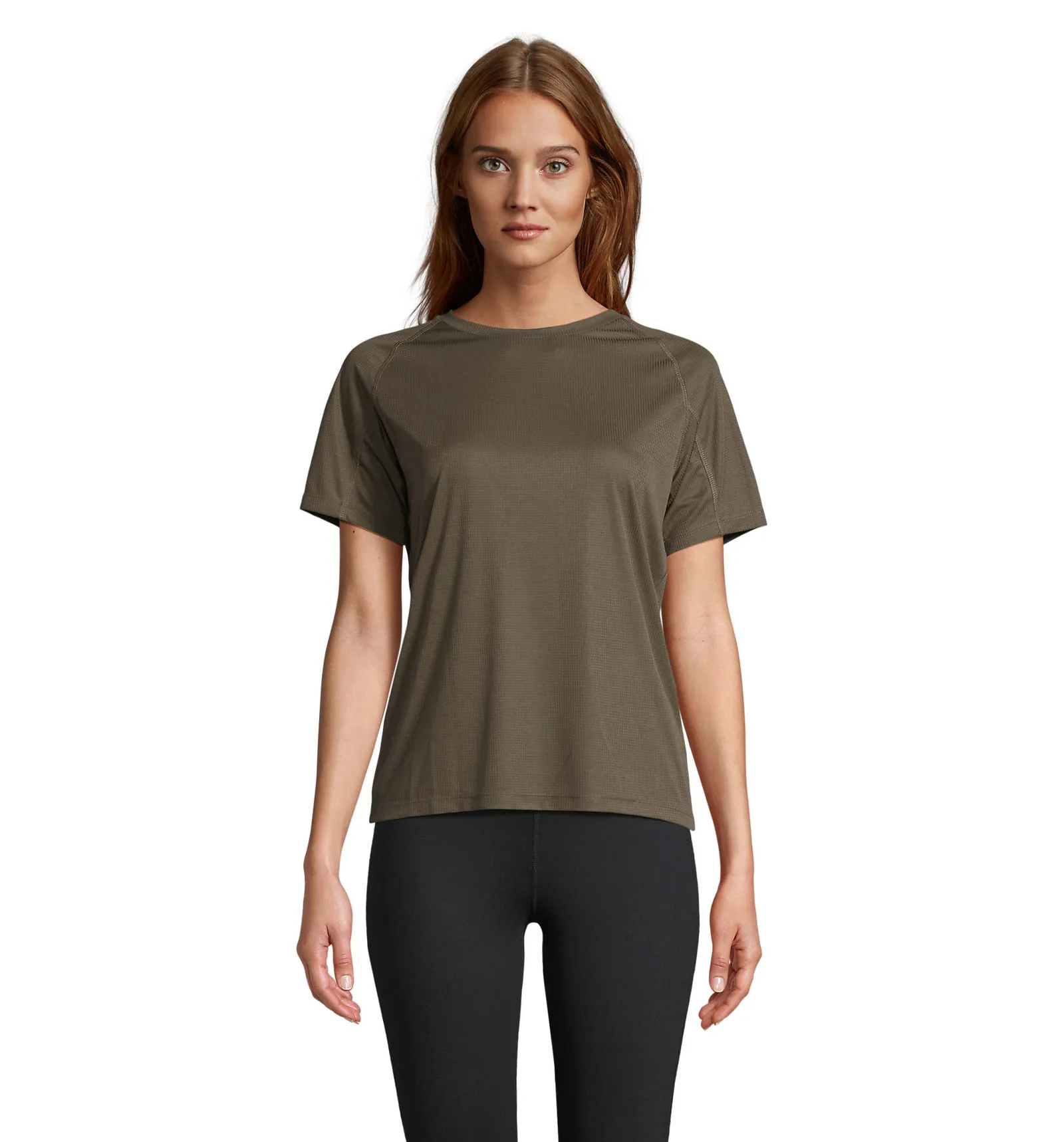 T-shirt tecnica SOL'S Vortex Women, Army, su modello, fronte