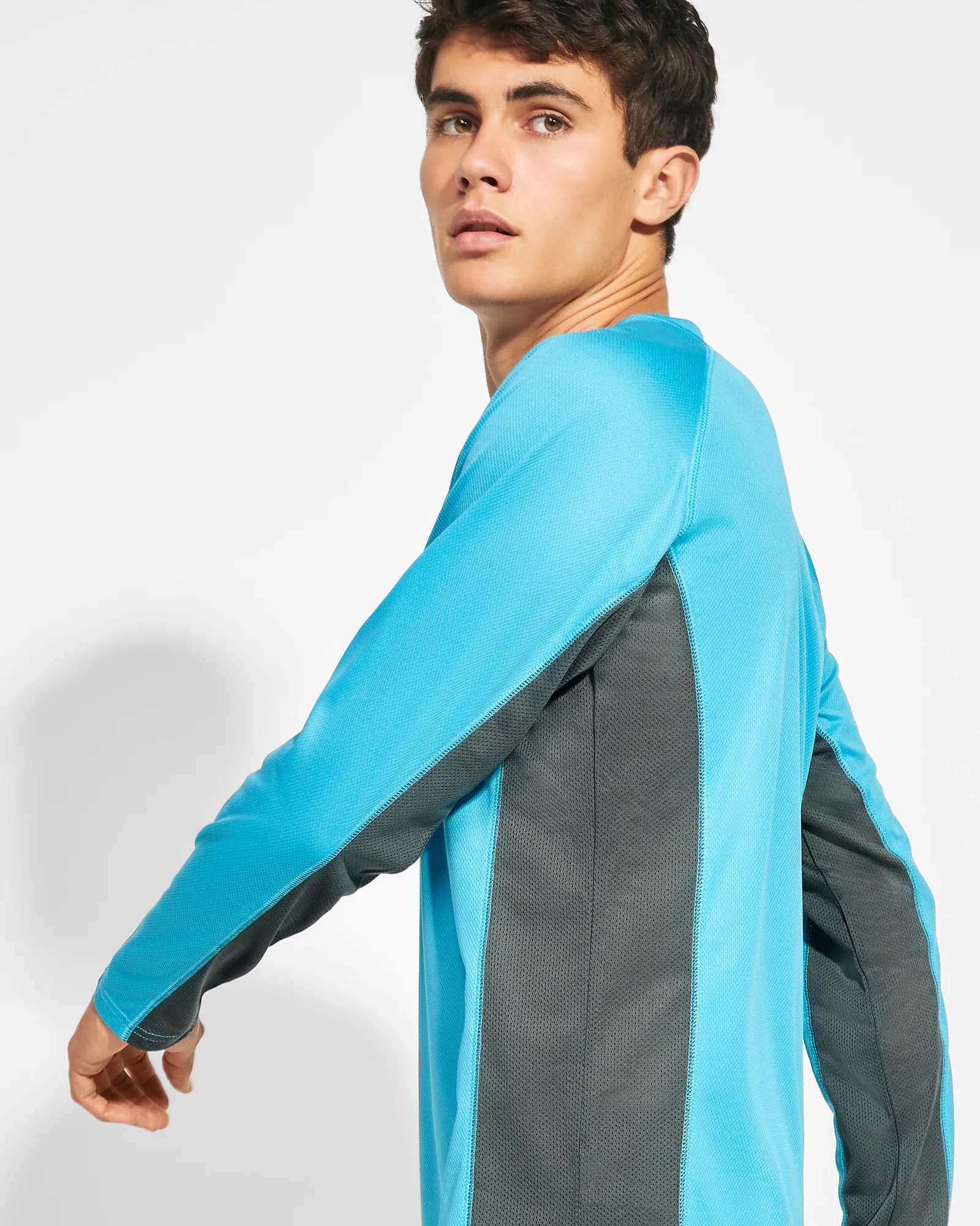 T-shirt tecnica Roly Shanghai L/S, Turchese/Piombo Scuro, dettaglio