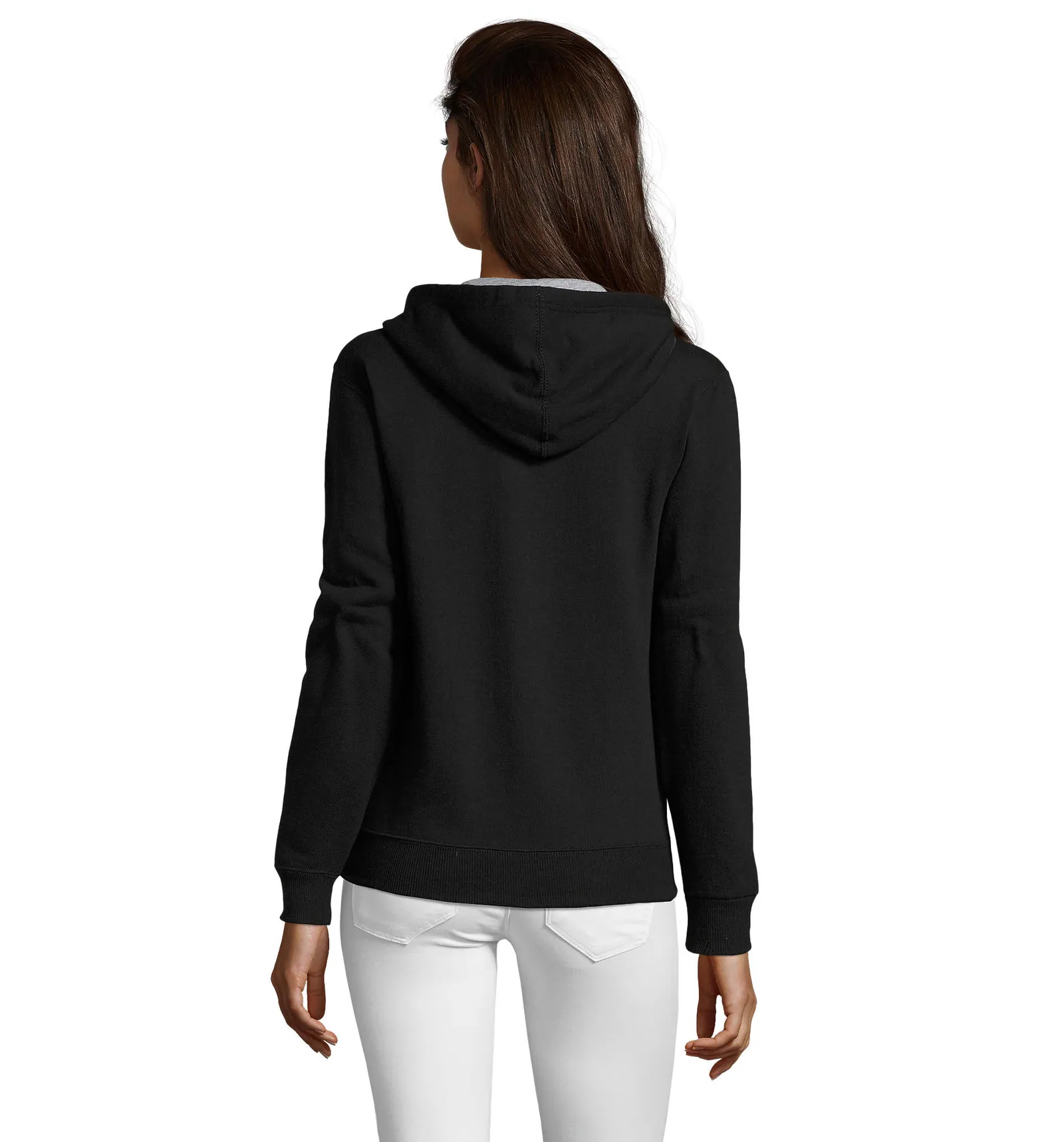 Felpa con zip e cappuccio SOL'S Soul Women, Black, su modello, retro