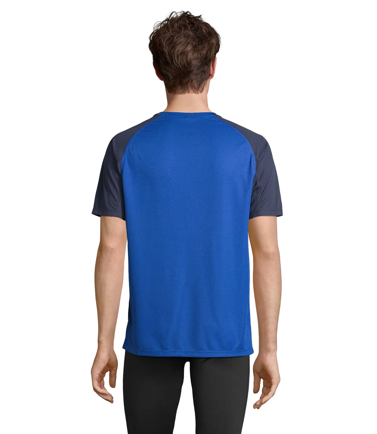 T-shirt tecnica SOL'S Vortex, French navy/royal blue, su modello, retro