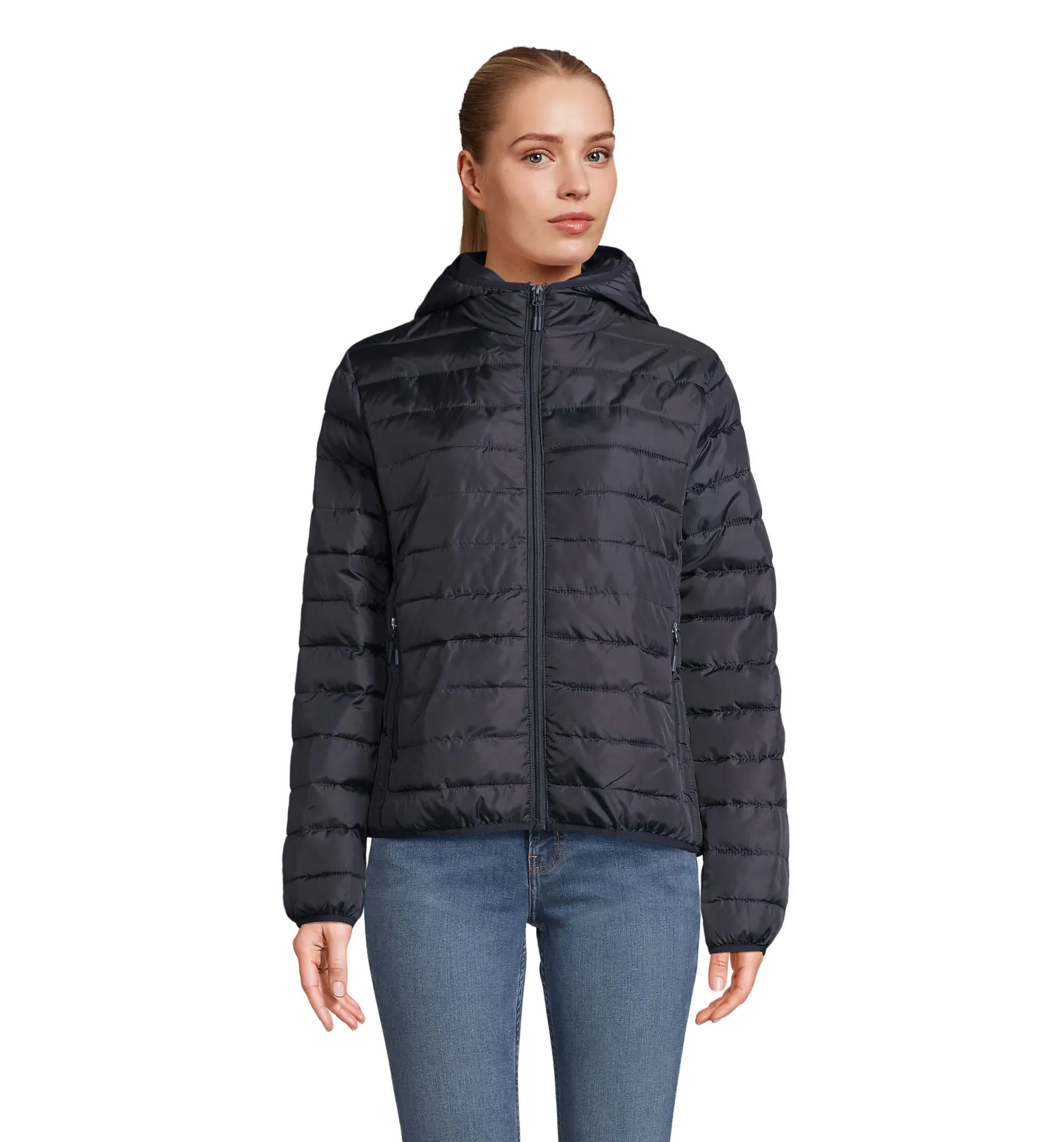 Giubbotto SOL'S Stream Hooded Women, French navy, su modello, fronte