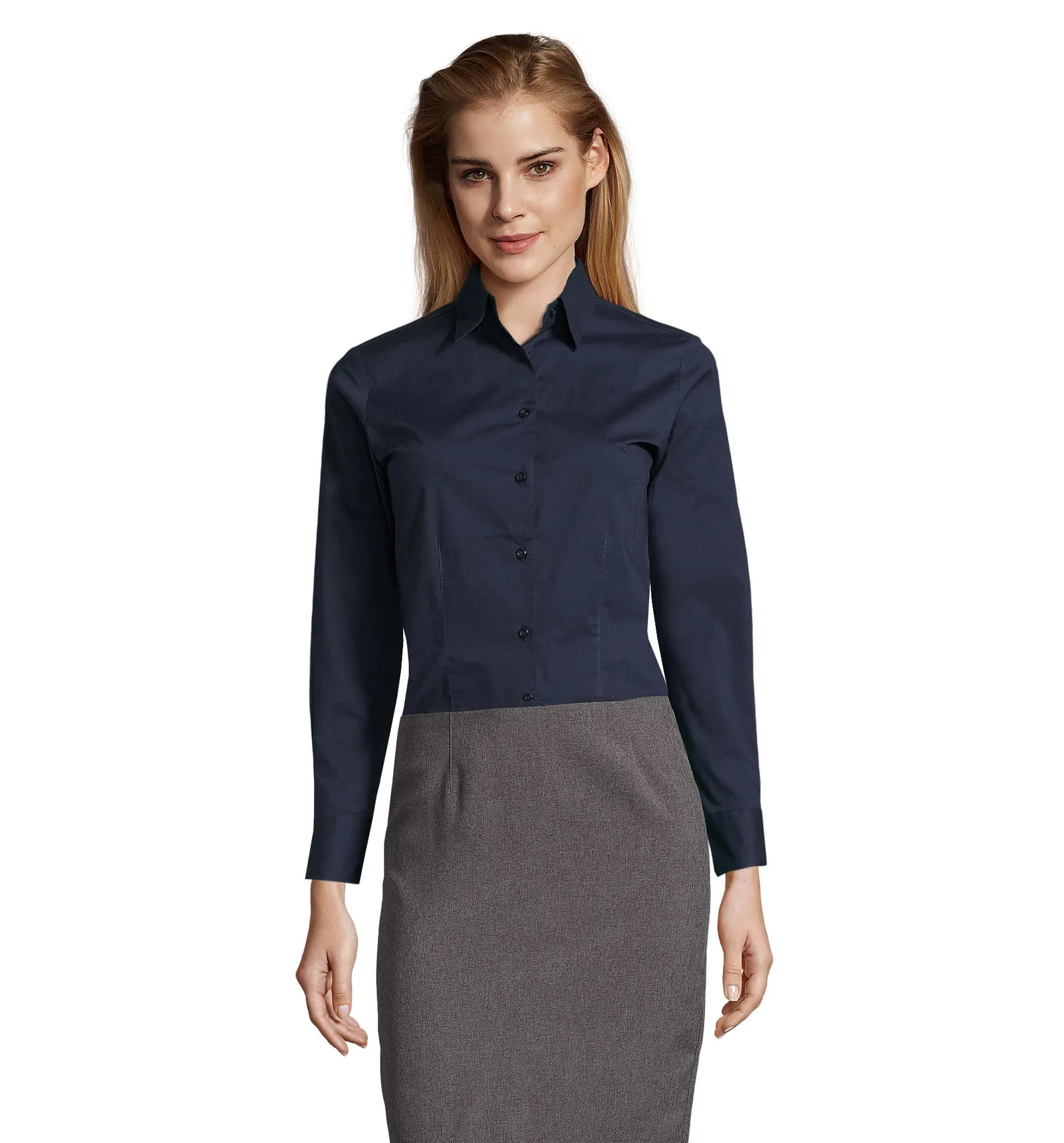 Camicia manica lunga SOL'S Eden, Dark blue, su modello, fronte