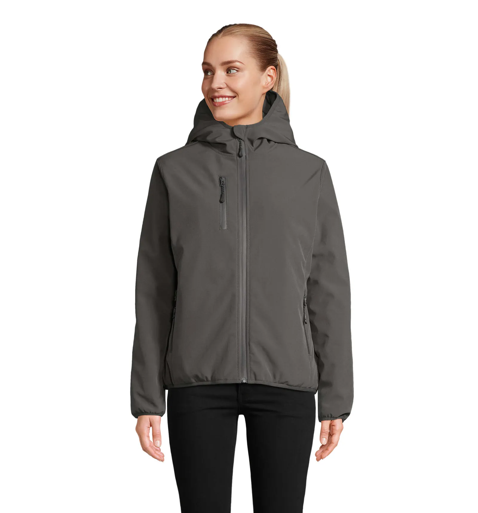 Softshell SOL'S Falcon Padded Women, Charcoal grey, su modello, fronte