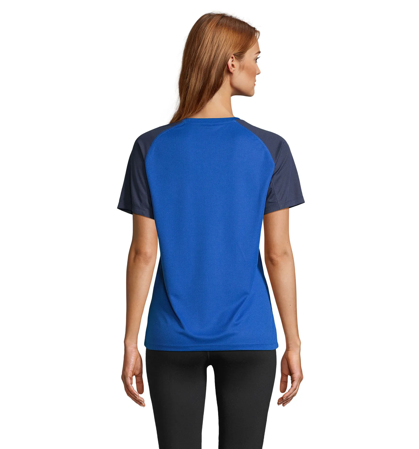 T-shirt tecnica SOL'S Vortex Women, French navy/royal blue, su modello, retro
