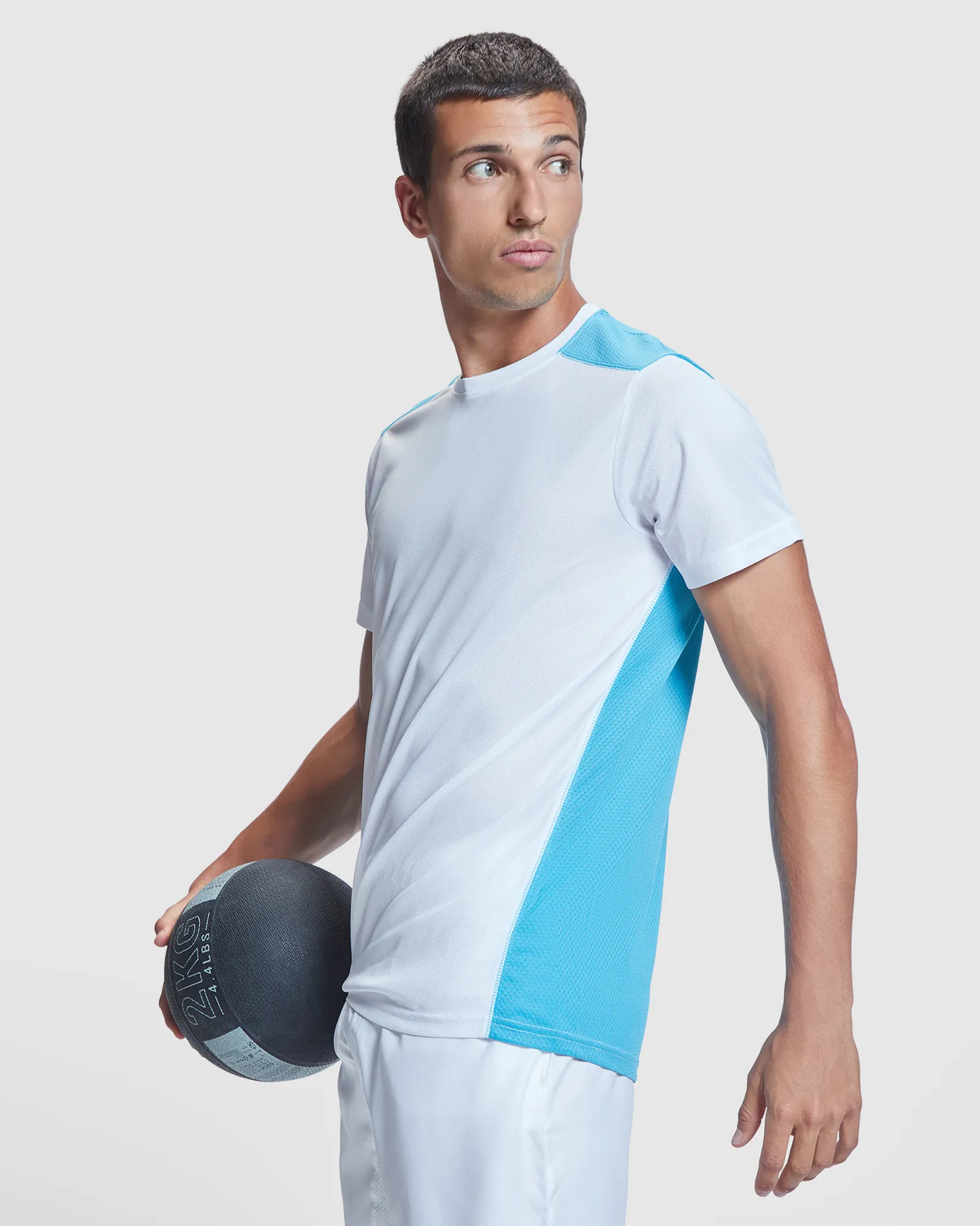 T-shirt tecnica Roly Detroit, Bianco/Turchese