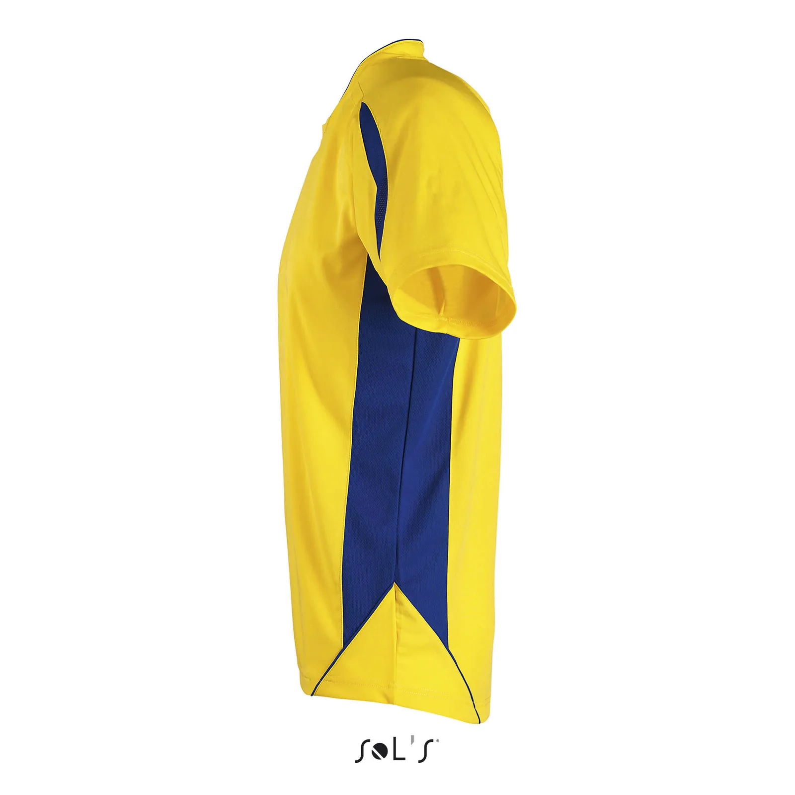 T-shirt tecnica SOL'S Maracana 2 Kids Ssl, Lemon/royal blue, su modello, lato