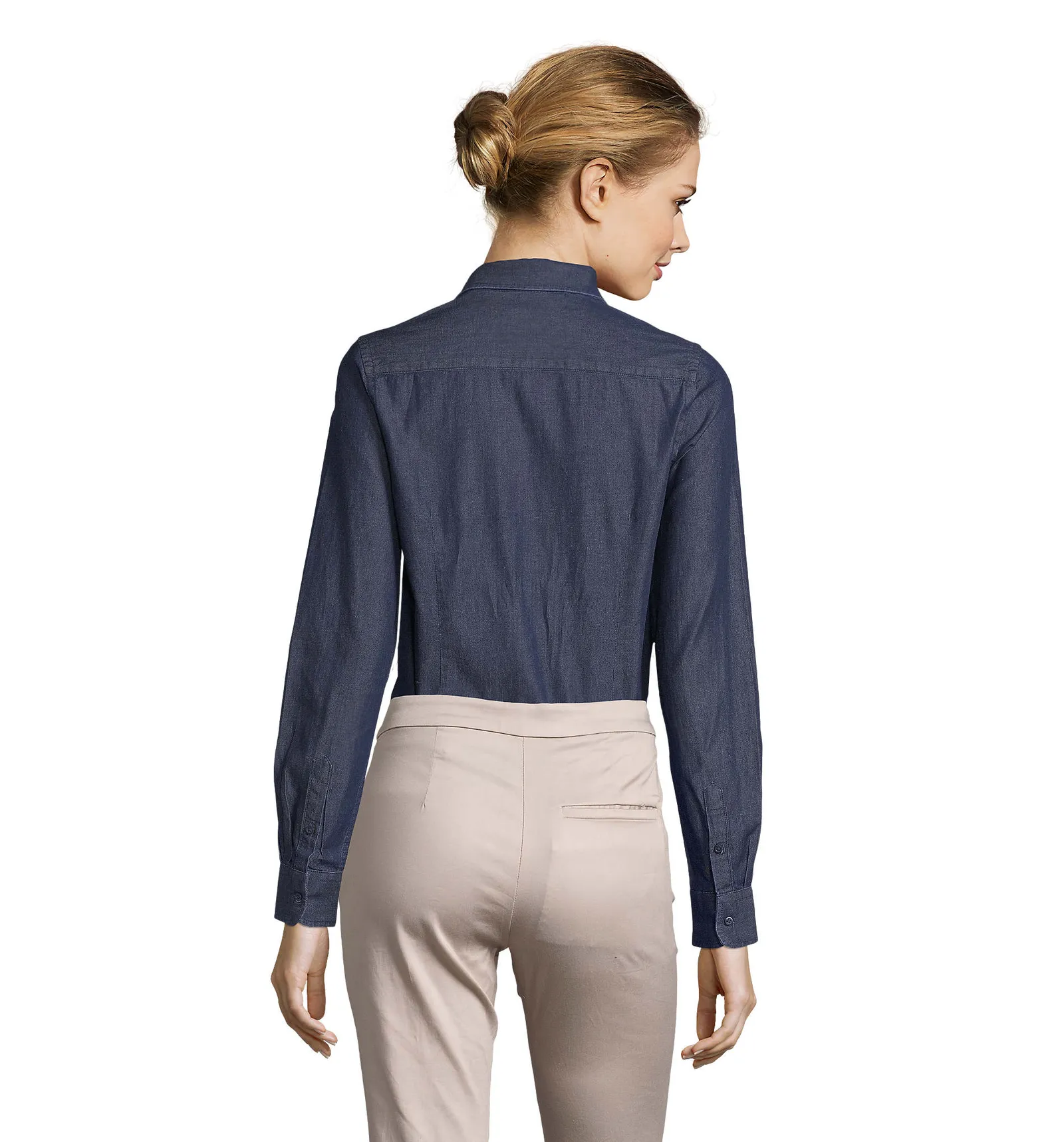 Camicia manica lunga SOL'S Barry Women, Raw denim, su modello, retro