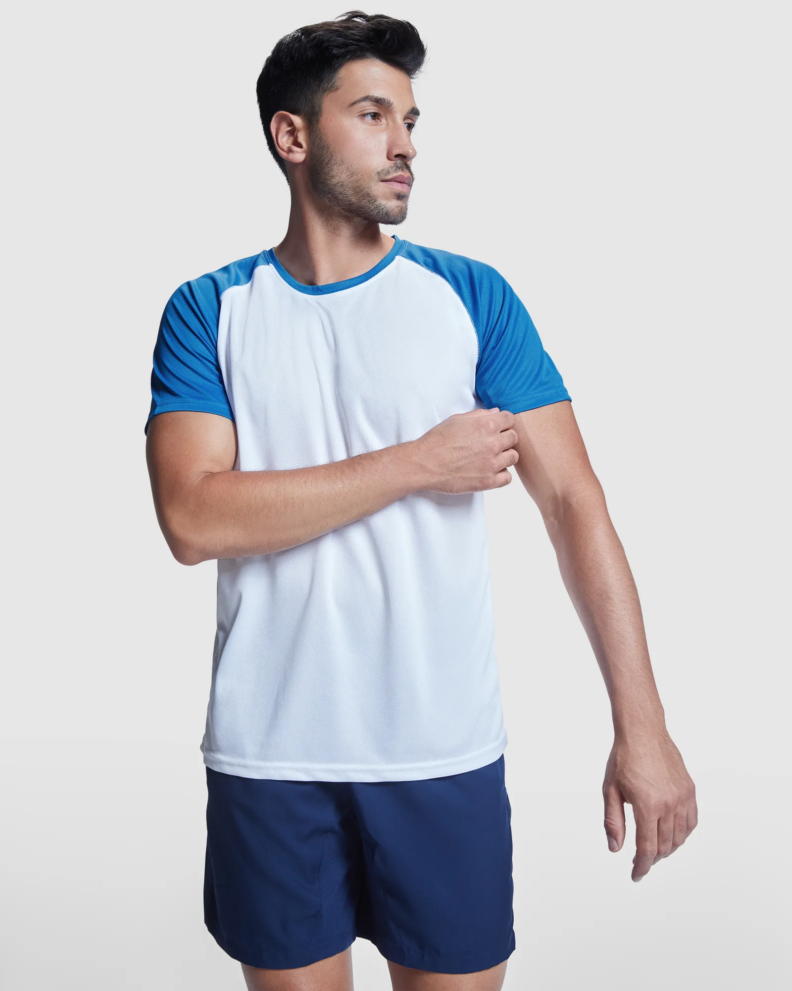 T-shirt tecnica Roly Indianapolis, Bianco/Blu Reale, dettaglio