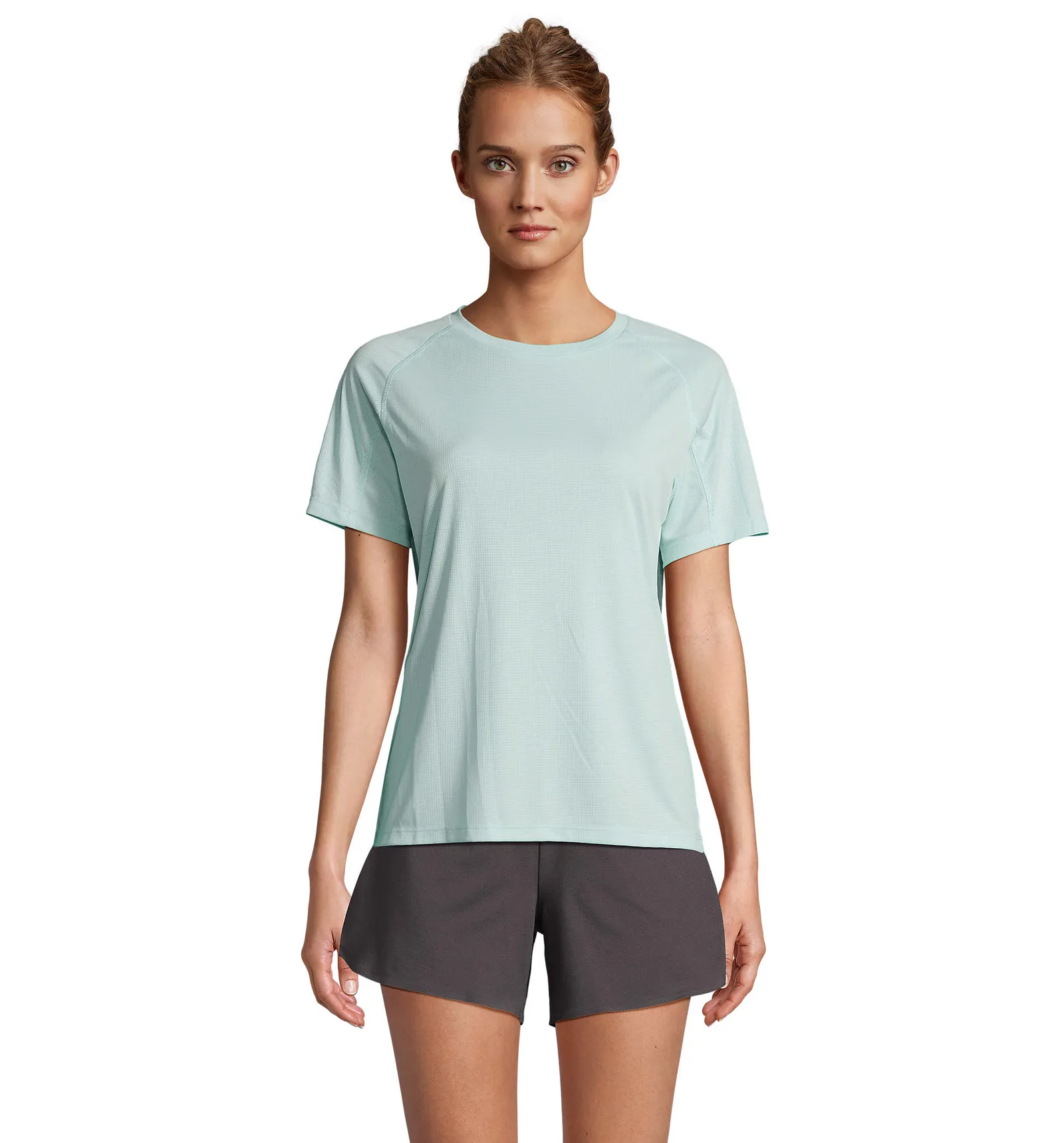 T-shirt tecnica SOL'S Vortex Women, Arctic blue, su modello, fronte
