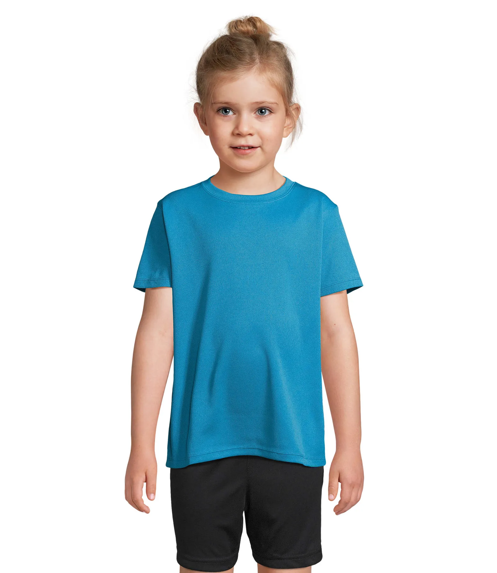 T-shirt tecnica SOL'S Sprint Kids, Aqua, su modello, fronte